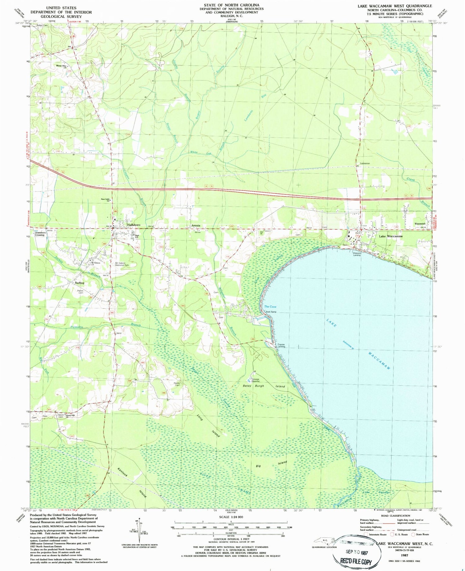 Classic USGS Lake Waccamaw West North Carolina 7.5'x7.5' Topo Map Image