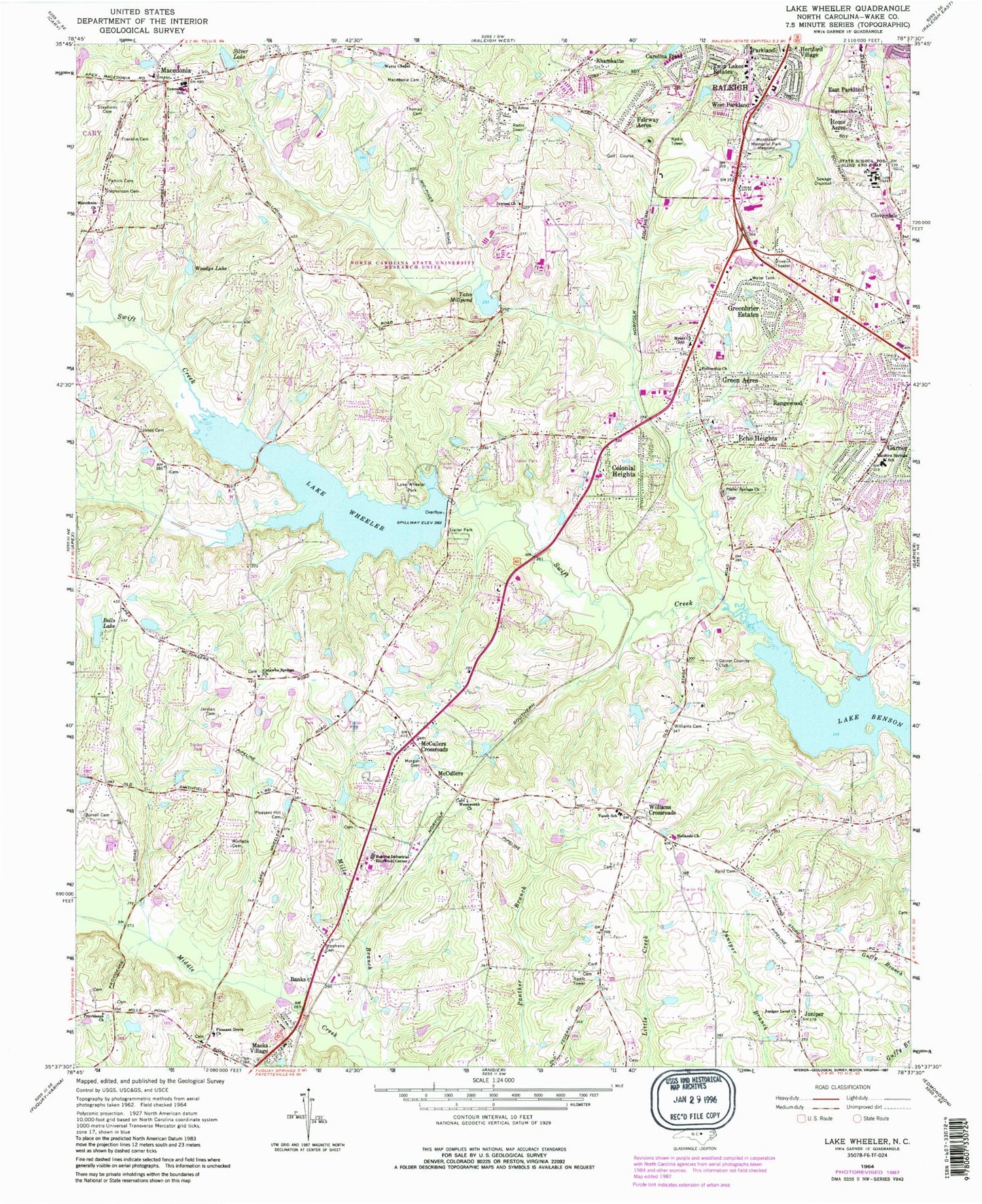 Classic USGS Lake Wheeler North Carolina 7.5'x7.5' Topo Map Image