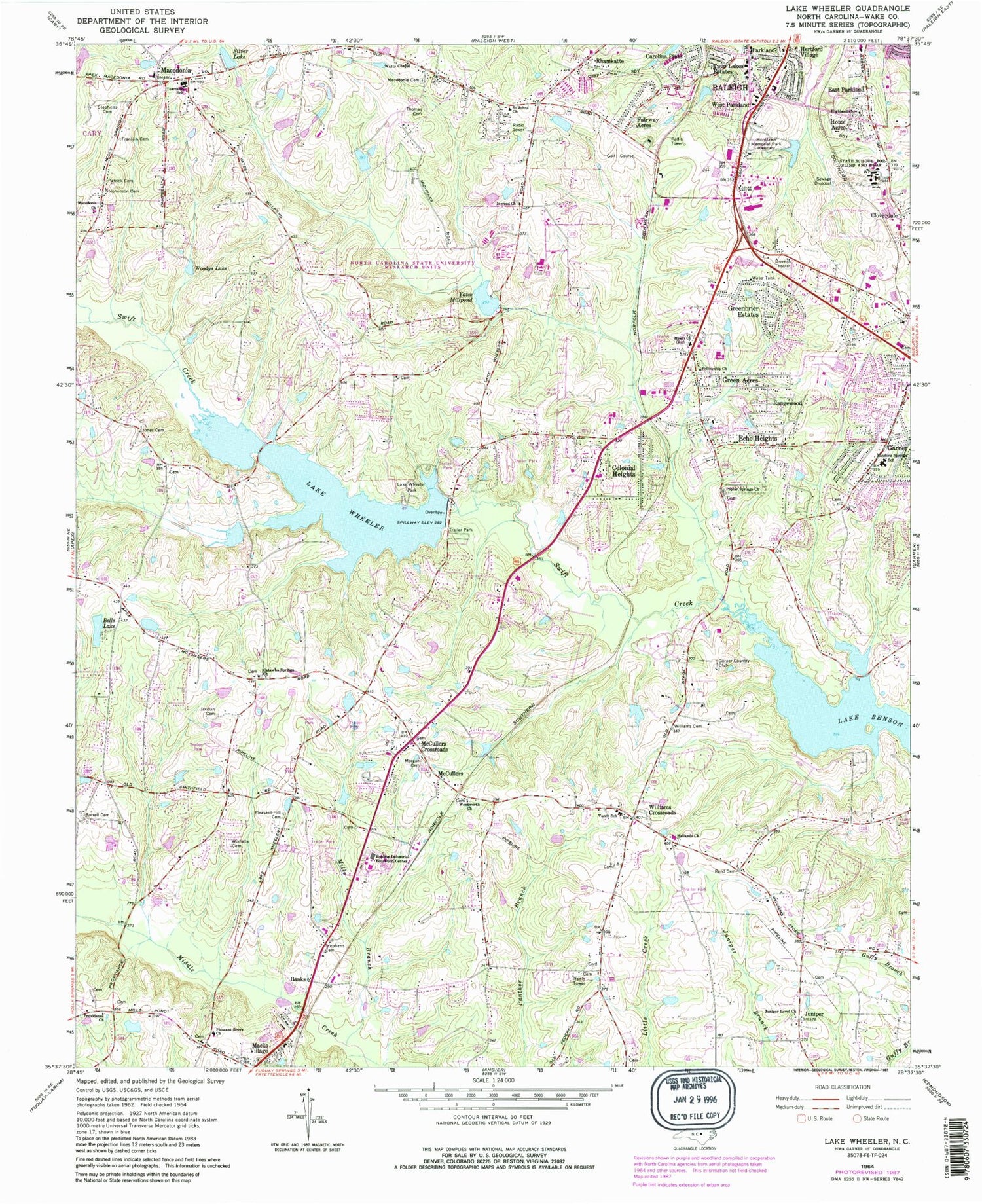 Classic USGS Lake Wheeler North Carolina 7.5'x7.5' Topo Map Image