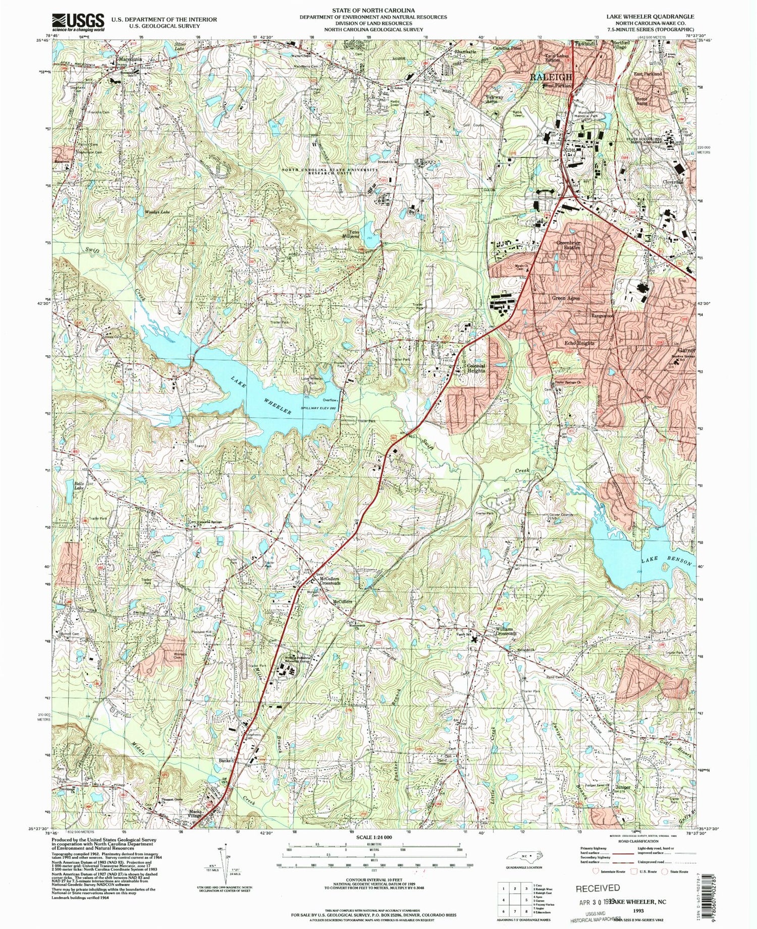 Classic USGS Lake Wheeler North Carolina 7.5'x7.5' Topo Map Image