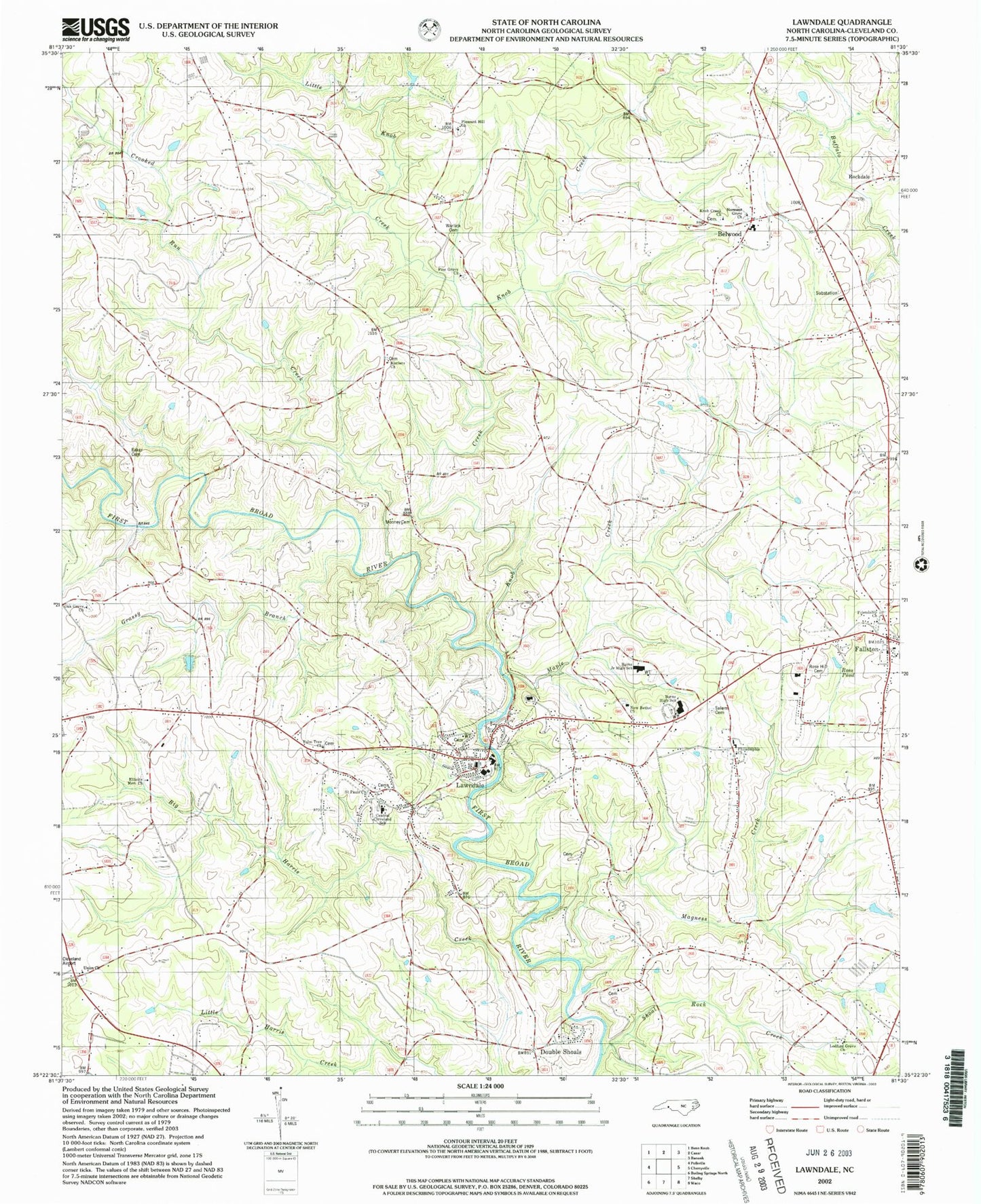 Classic USGS Lawndale North Carolina 7.5'x7.5' Topo Map Image