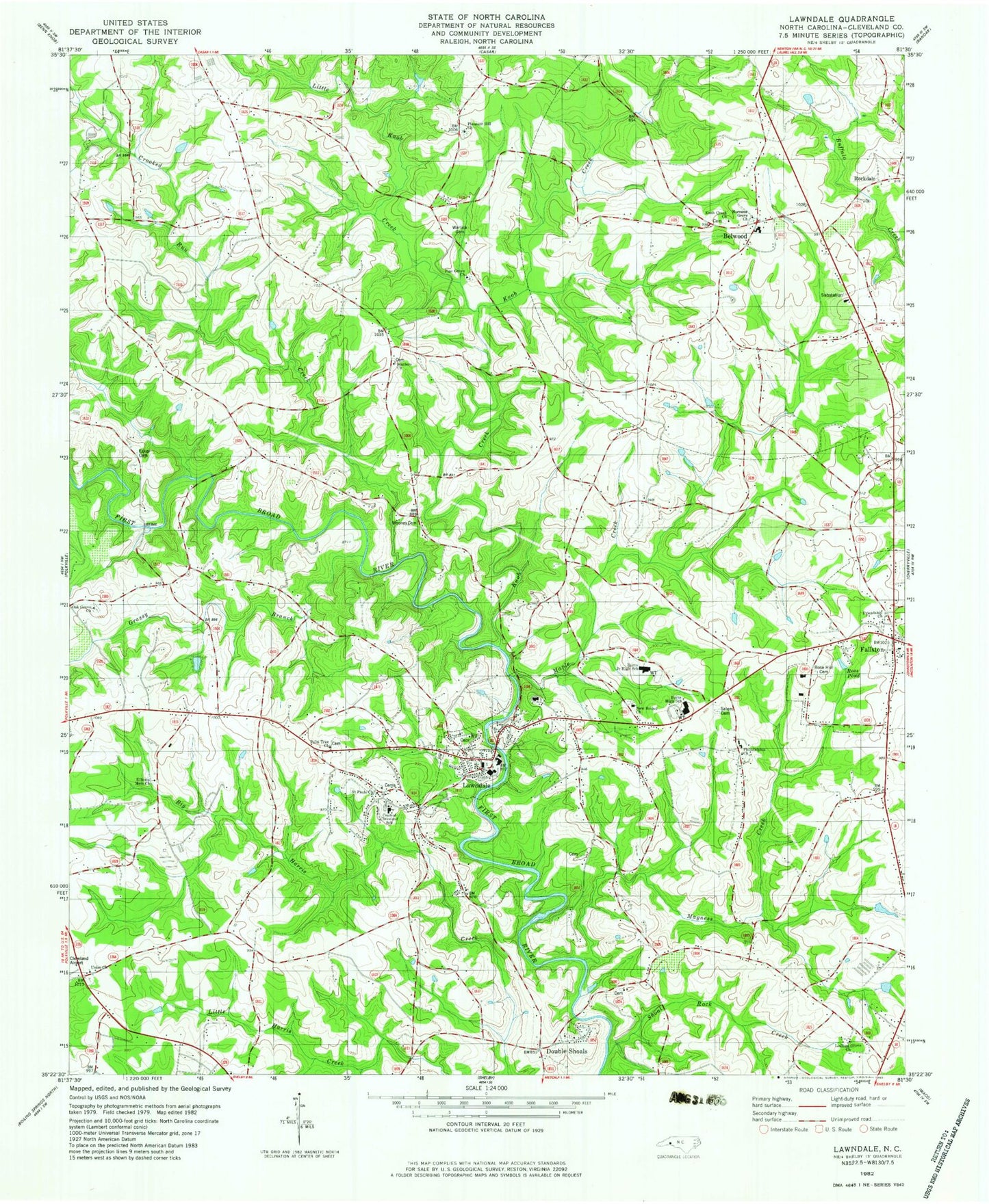 Classic USGS Lawndale North Carolina 7.5'x7.5' Topo Map Image