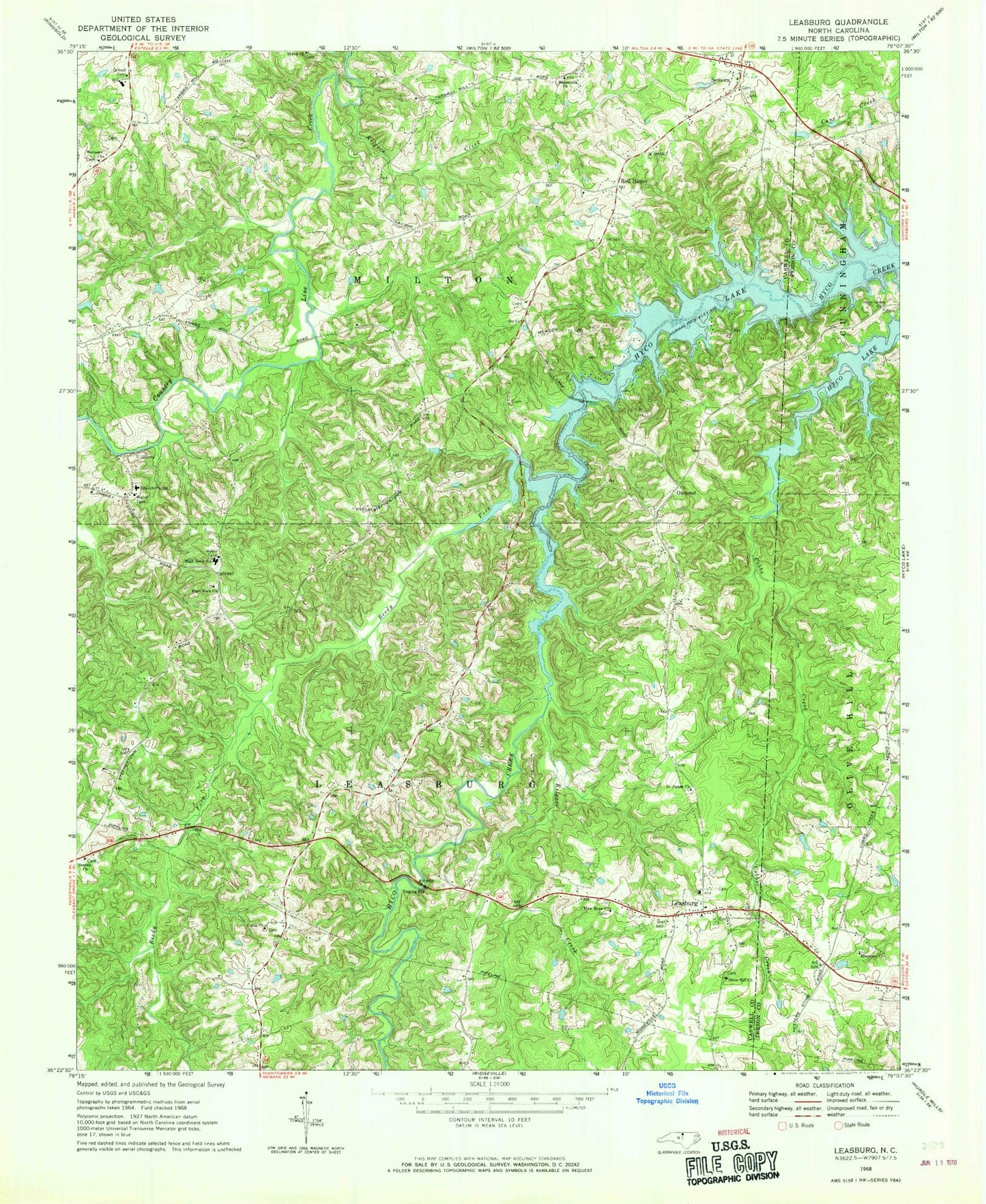 Classic USGS Leasburg North Carolina 7.5'x7.5' Topo Map Image