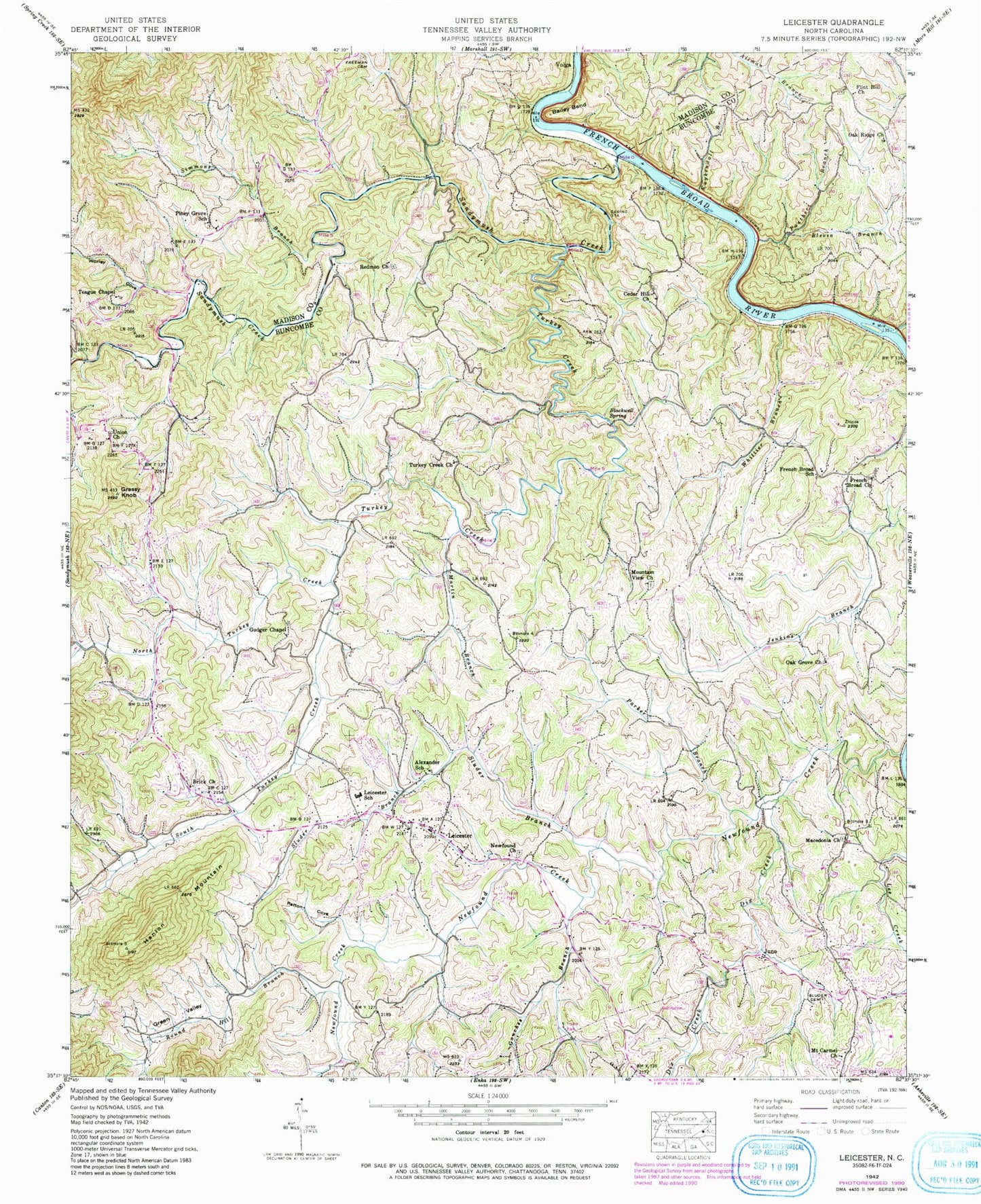 Classic USGS Leicester North Carolina 7.5'x7.5' Topo Map Image