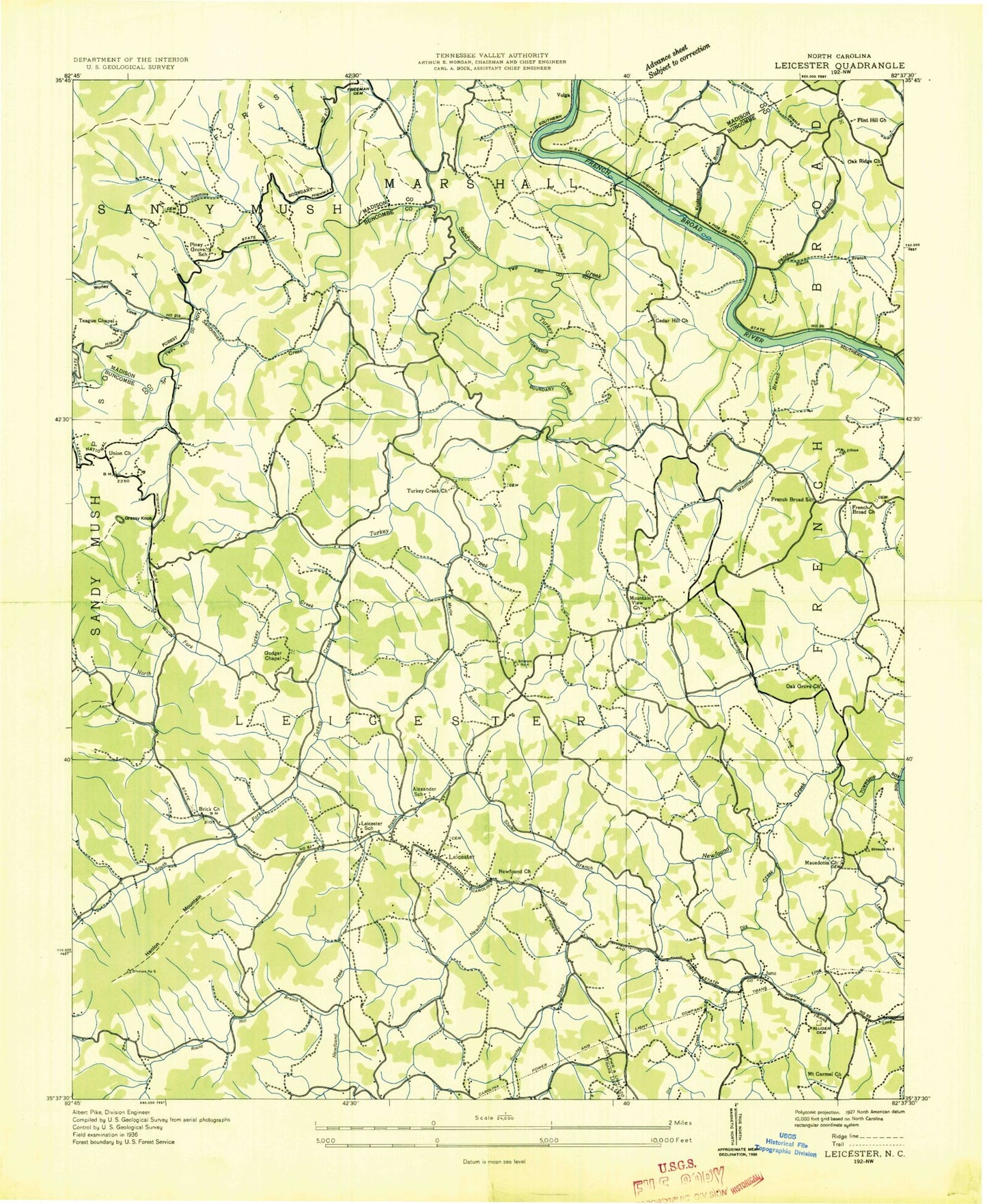 Classic USGS Leicester North Carolina 7.5'x7.5' Topo Map Image