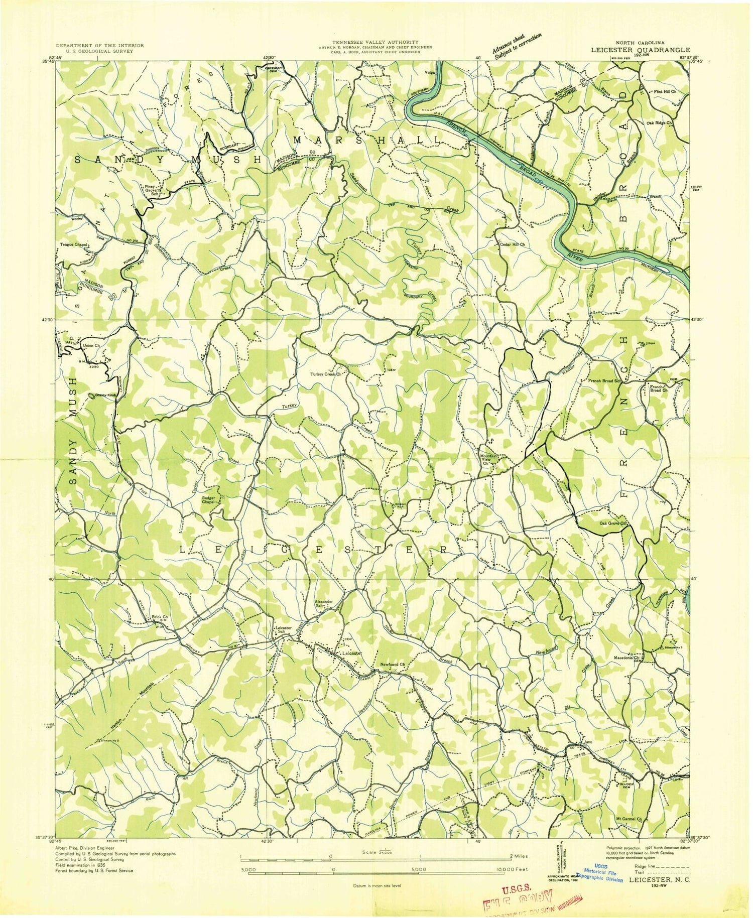 Classic USGS Leicester North Carolina 7.5'x7.5' Topo Map Image