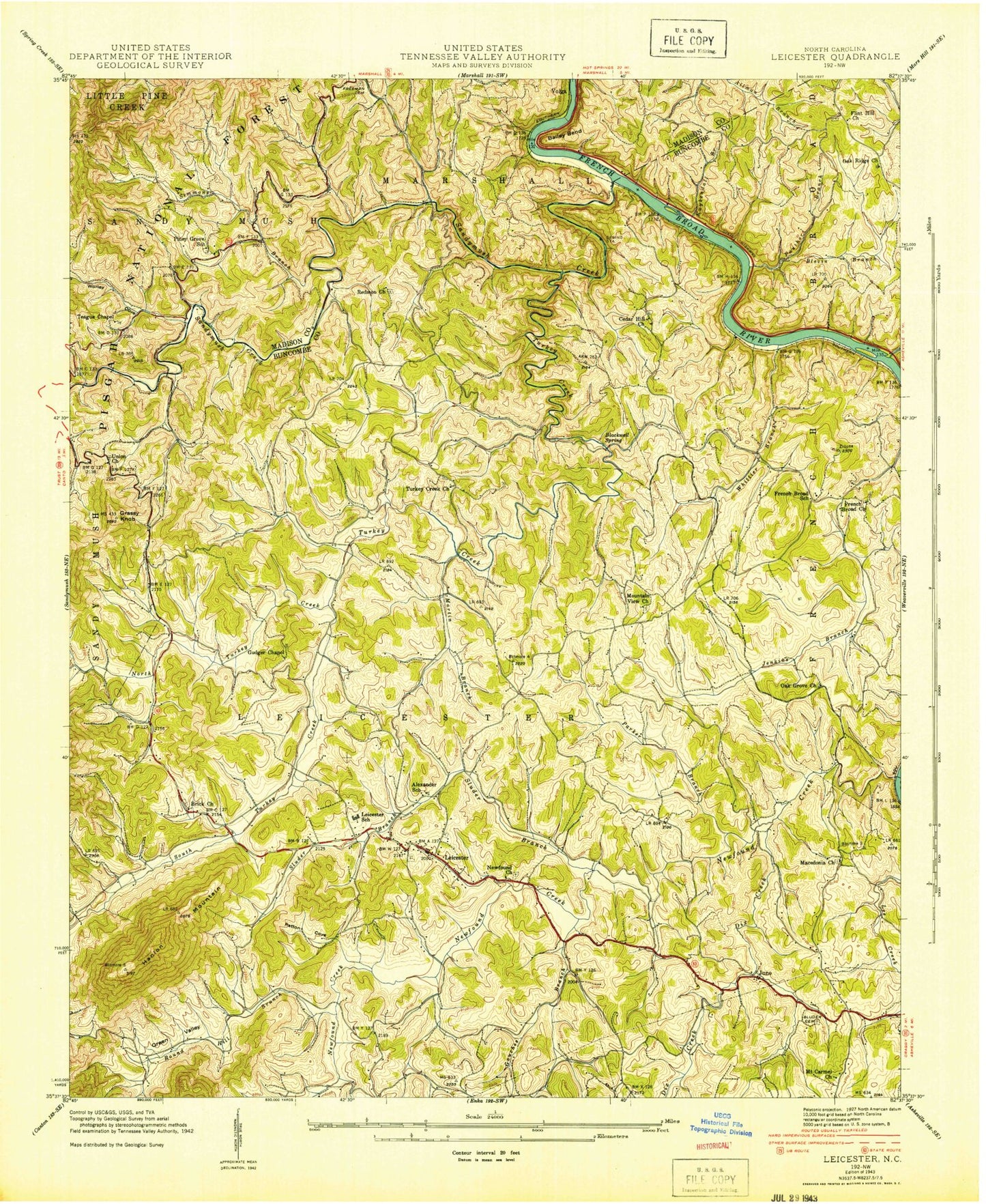 Classic USGS Leicester North Carolina 7.5'x7.5' Topo Map Image
