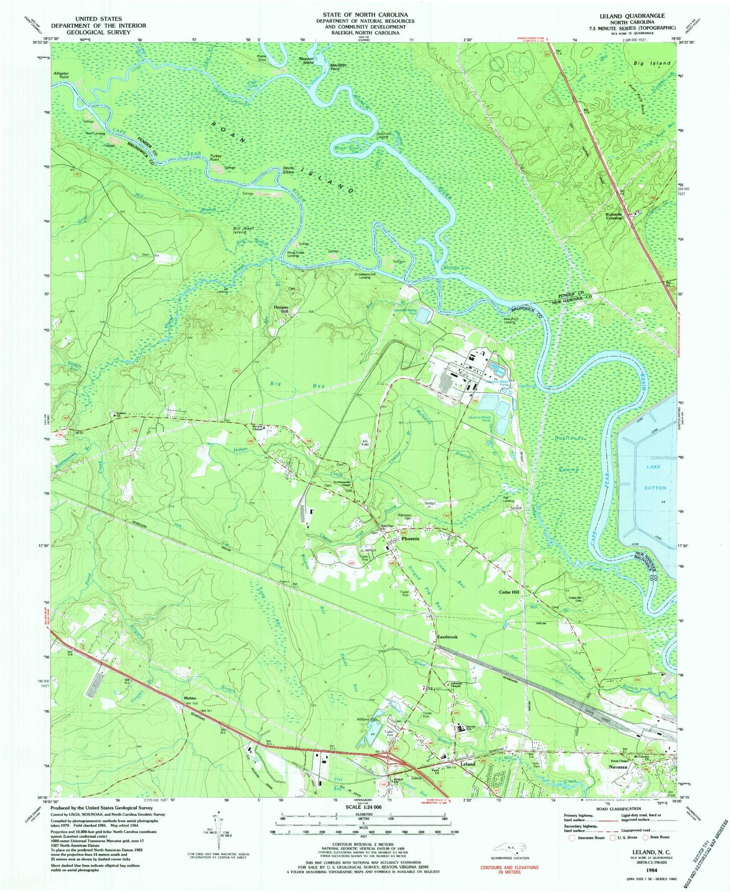 Classic USGS Leland North Carolina 7.5'x7.5' Topo Map Image