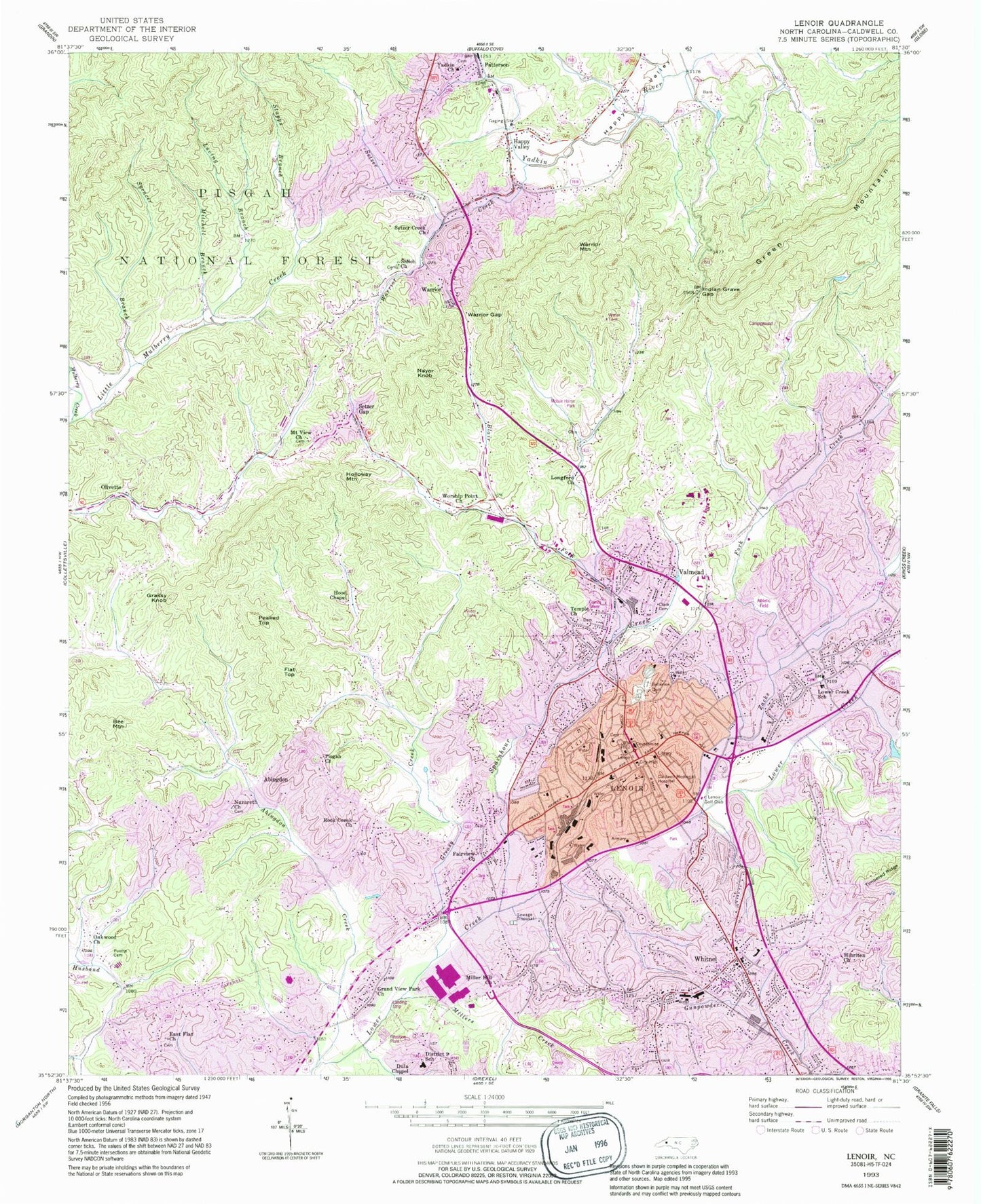 Classic USGS Lenoir North Carolina 7.5'x7.5' Topo Map Image