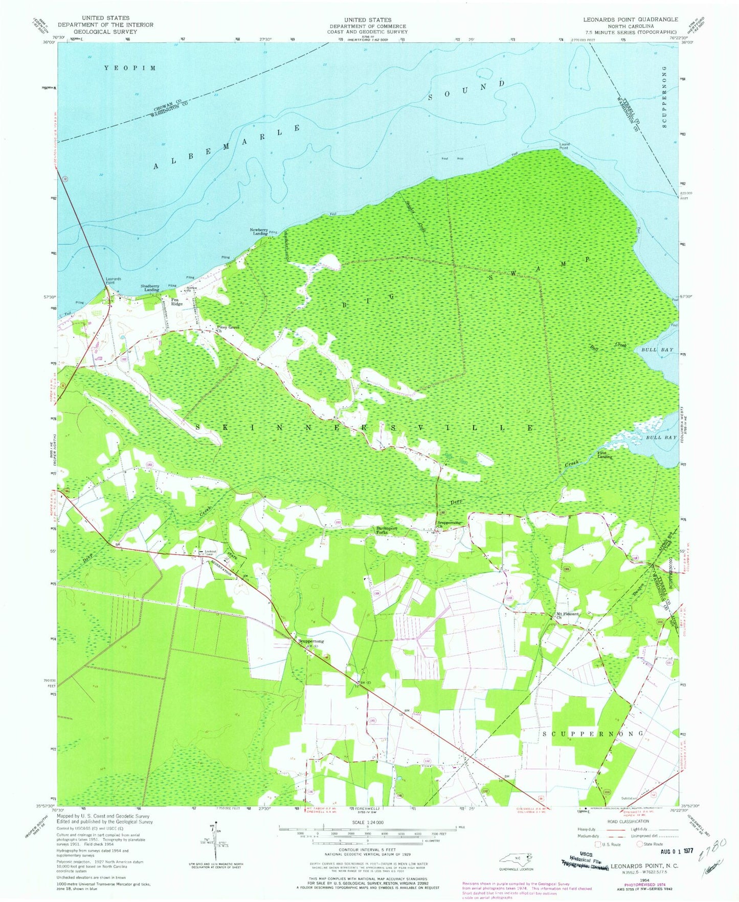 Classic USGS Leonards Point North Carolina 7.5'x7.5' Topo Map Image