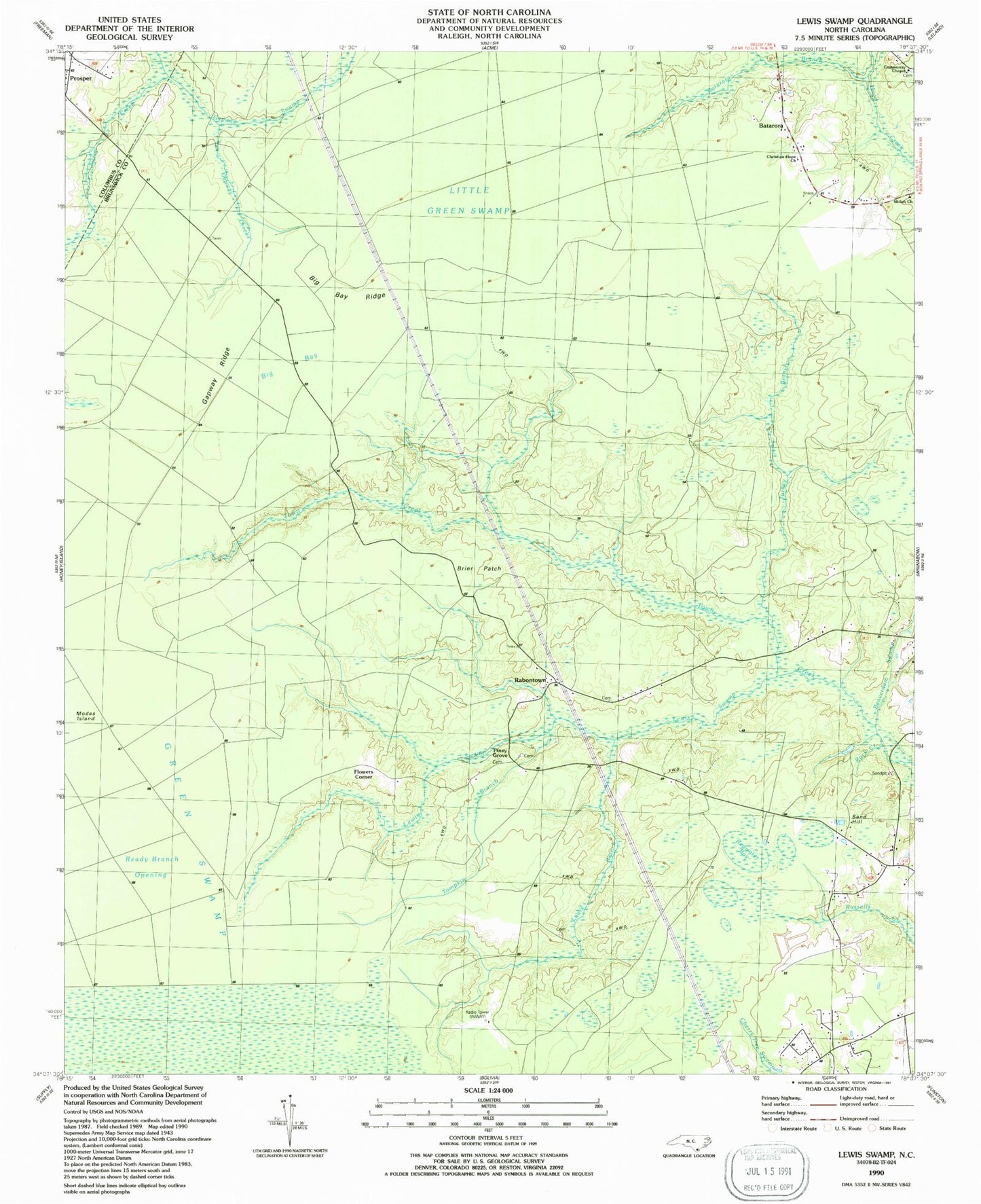 Classic USGS Lewis Swamp North Carolina 7.5'x7.5' Topo Map Image