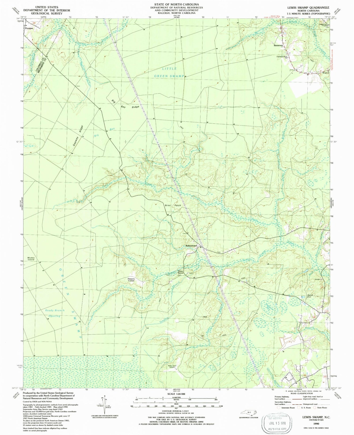 Classic USGS Lewis Swamp North Carolina 7.5'x7.5' Topo Map Image