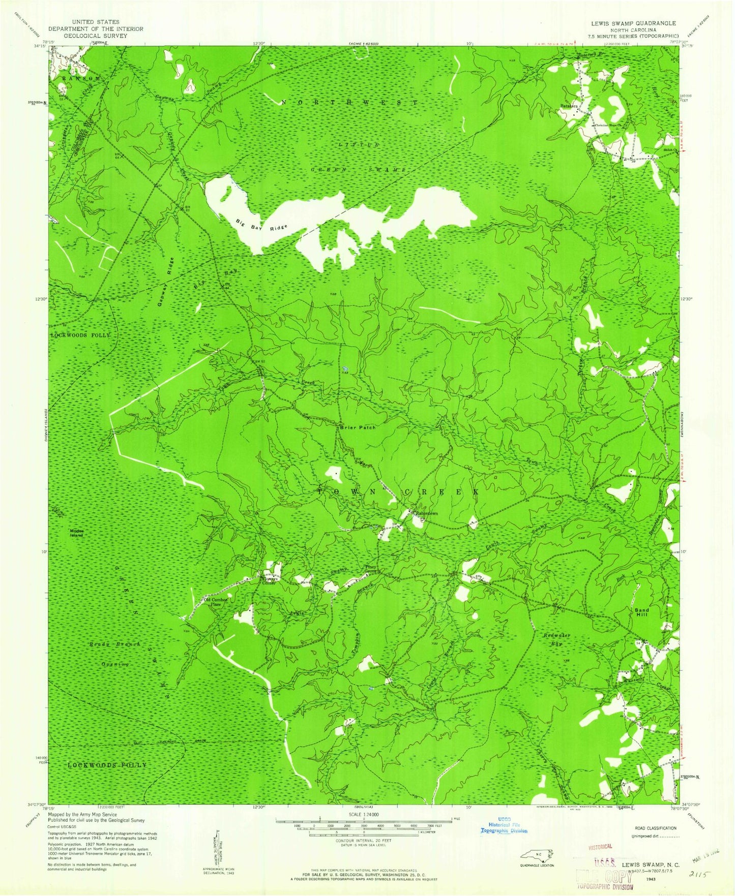 Classic USGS Lewis Swamp North Carolina 7.5'x7.5' Topo Map Image
