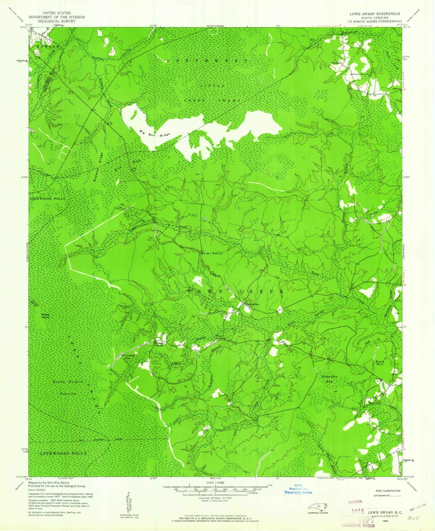 Classic USGS Lewis Swamp North Carolina 7.5'x7.5' Topo Map Image