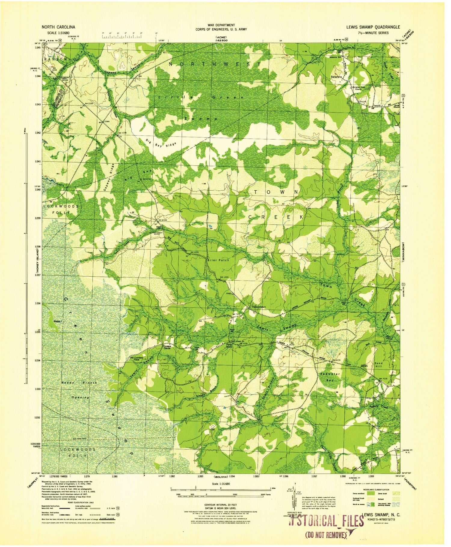 Classic USGS Lewis Swamp North Carolina 7.5'x7.5' Topo Map Image