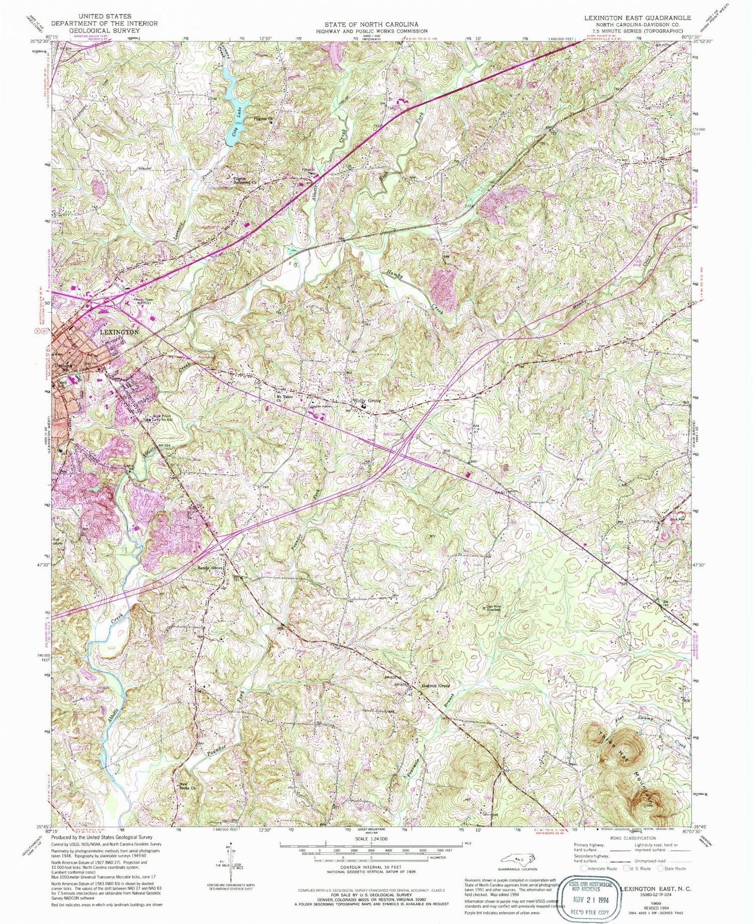 Classic USGS Lexington East North Carolina 7.5'x7.5' Topo Map Image