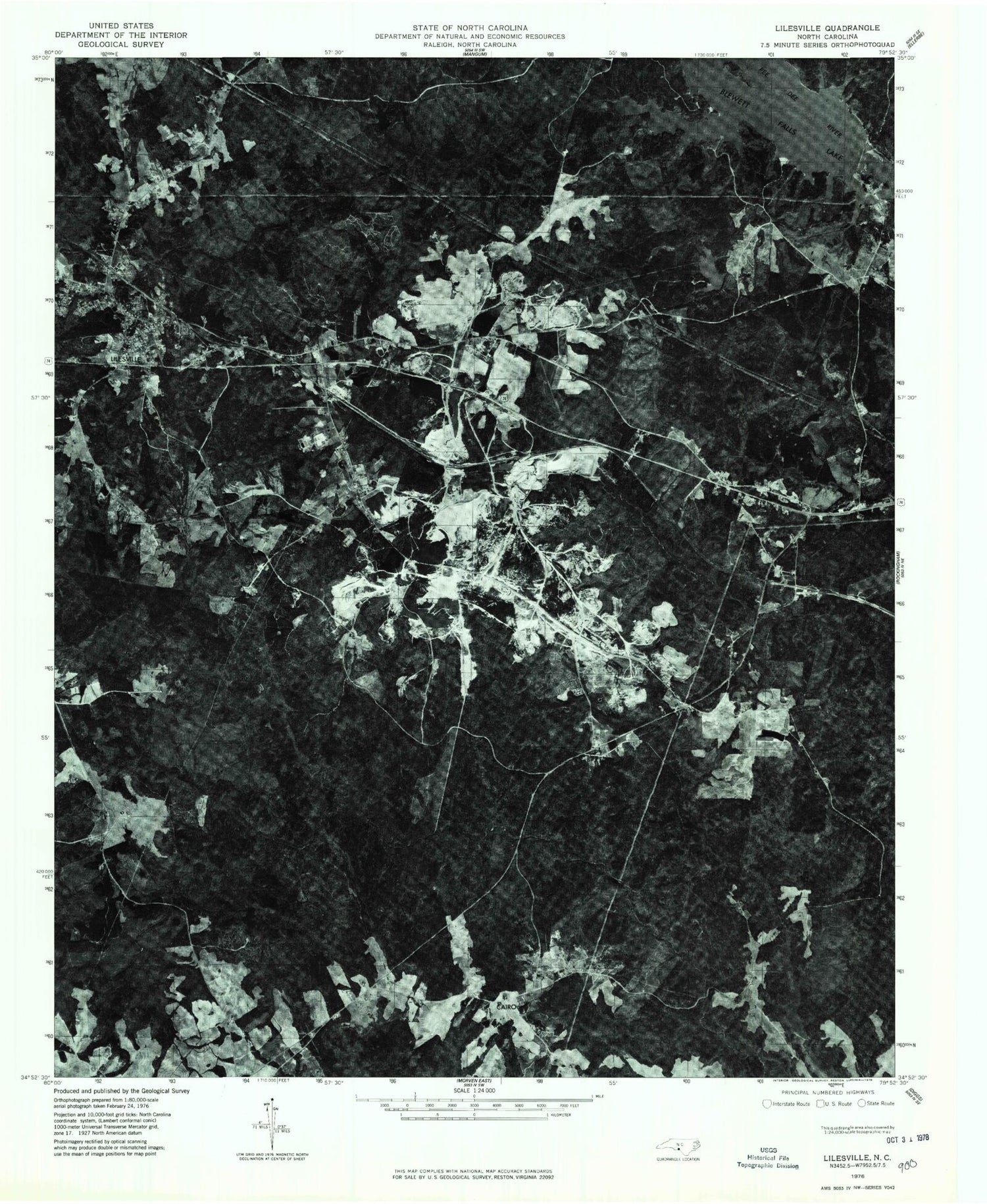 Classic USGS Lilesville North Carolina 7.5'x7.5' Topo Map Image