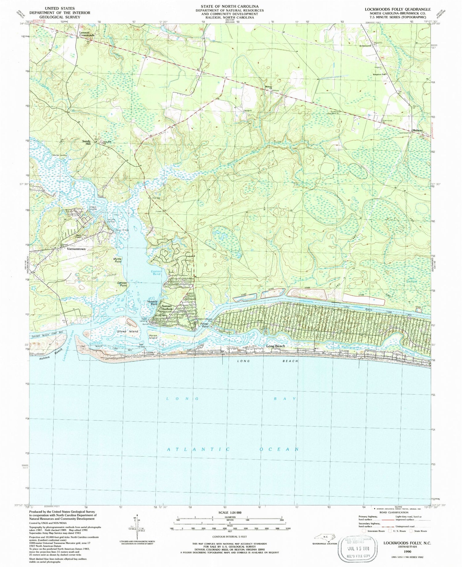 Classic USGS Lockwoods Folly North Carolina 7.5'x7.5' Topo Map Image