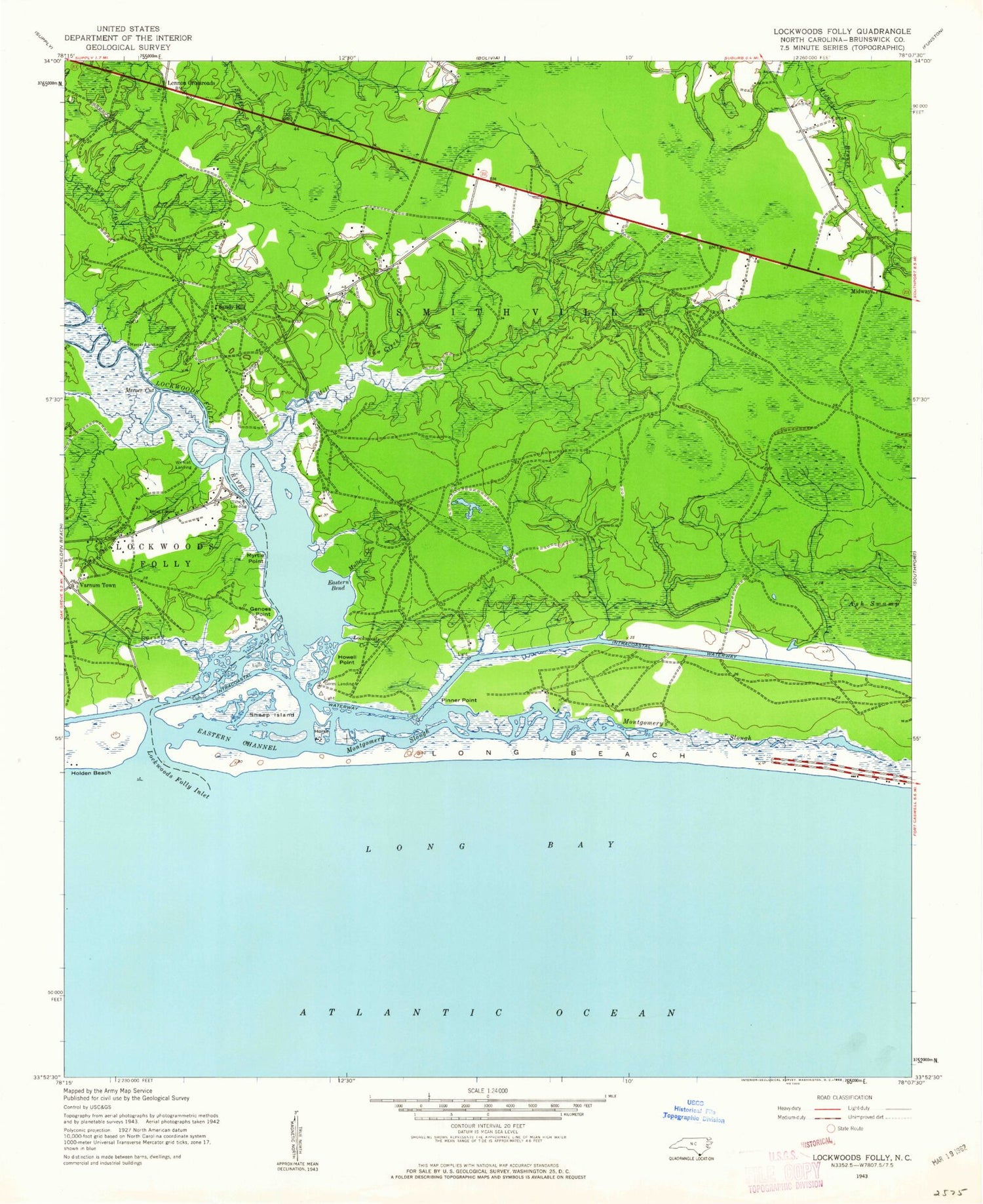 Classic USGS Lockwoods Folly North Carolina 7.5'x7.5' Topo Map Image