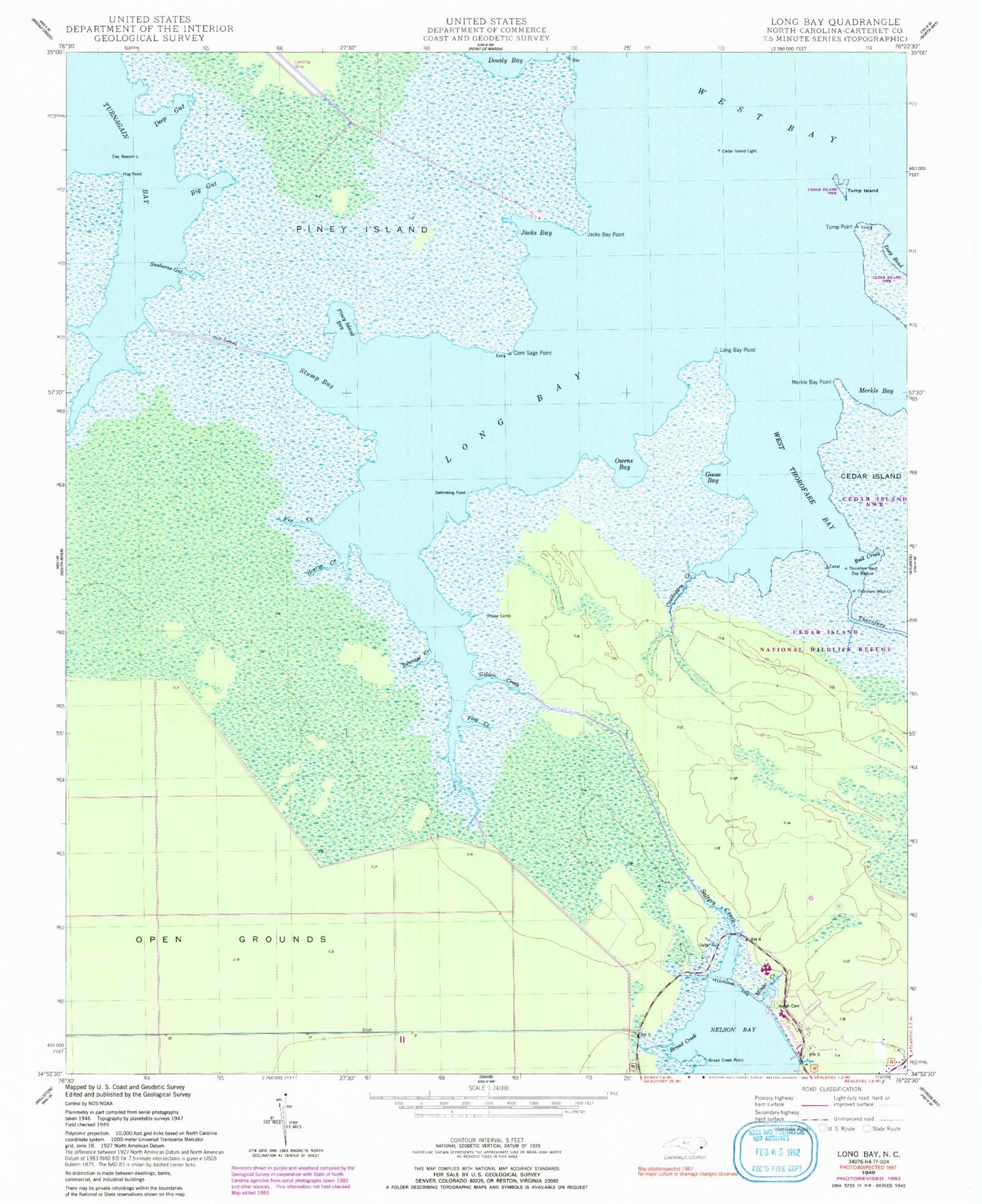Classic USGS Long Bay North Carolina 7.5'x7.5' Topo Map Image