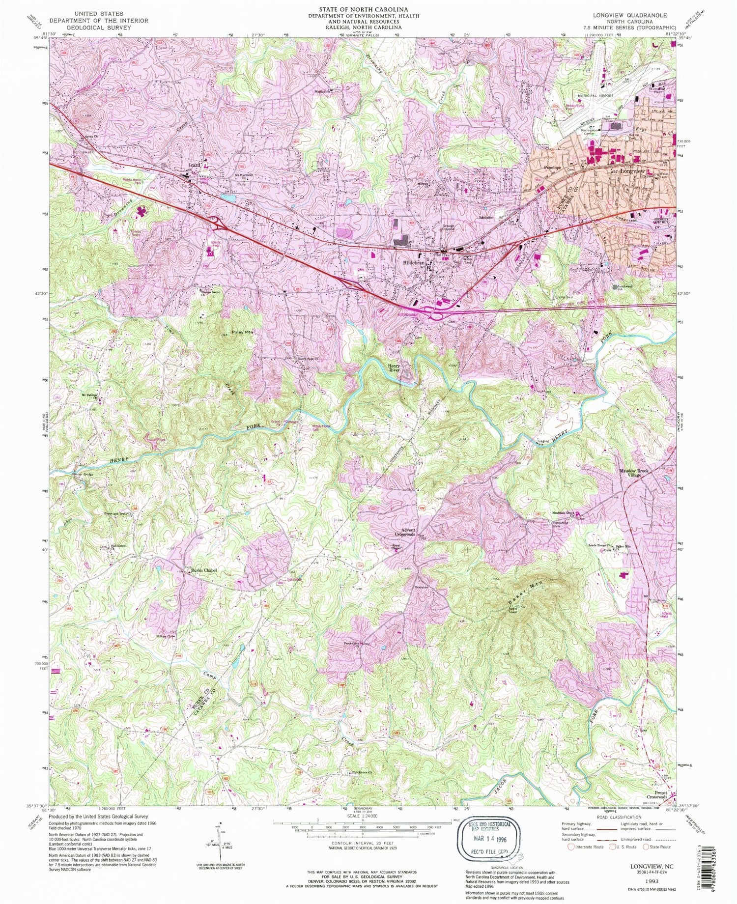 Classic USGS Longview North Carolina 7.5'x7.5' Topo Map Image