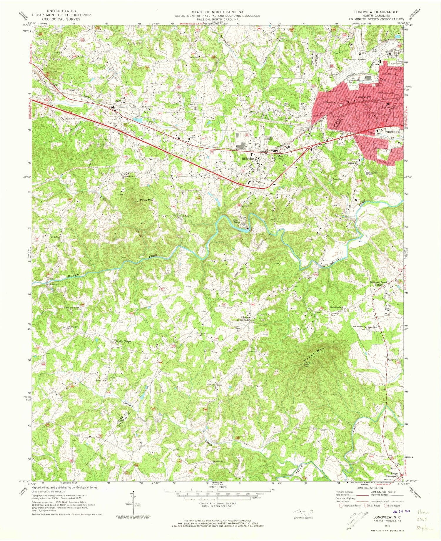 Classic USGS Longview North Carolina 7.5'x7.5' Topo Map Image
