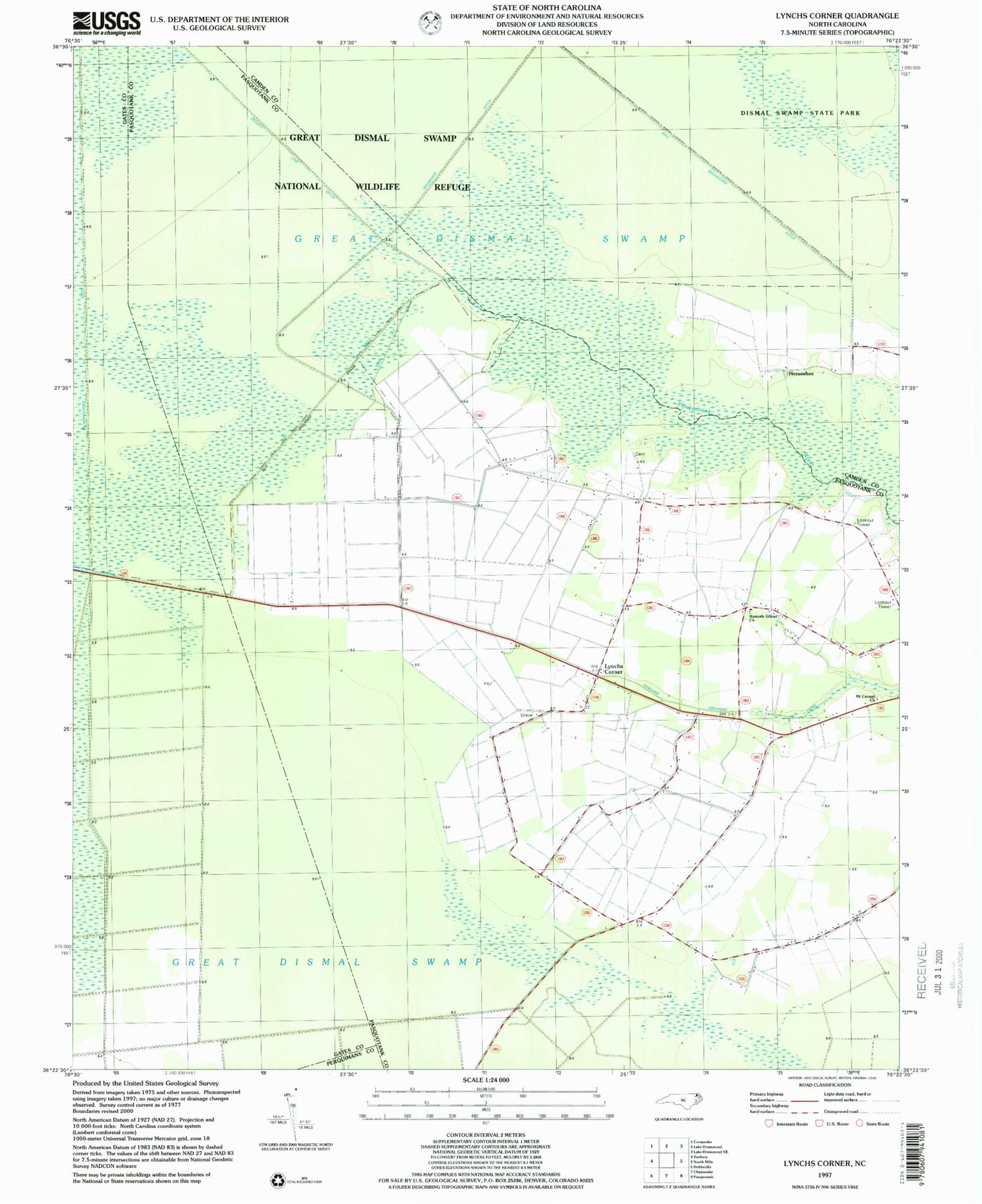 Classic USGS Lynchs Corner North Carolina 7.5'x7.5' Topo Map Image