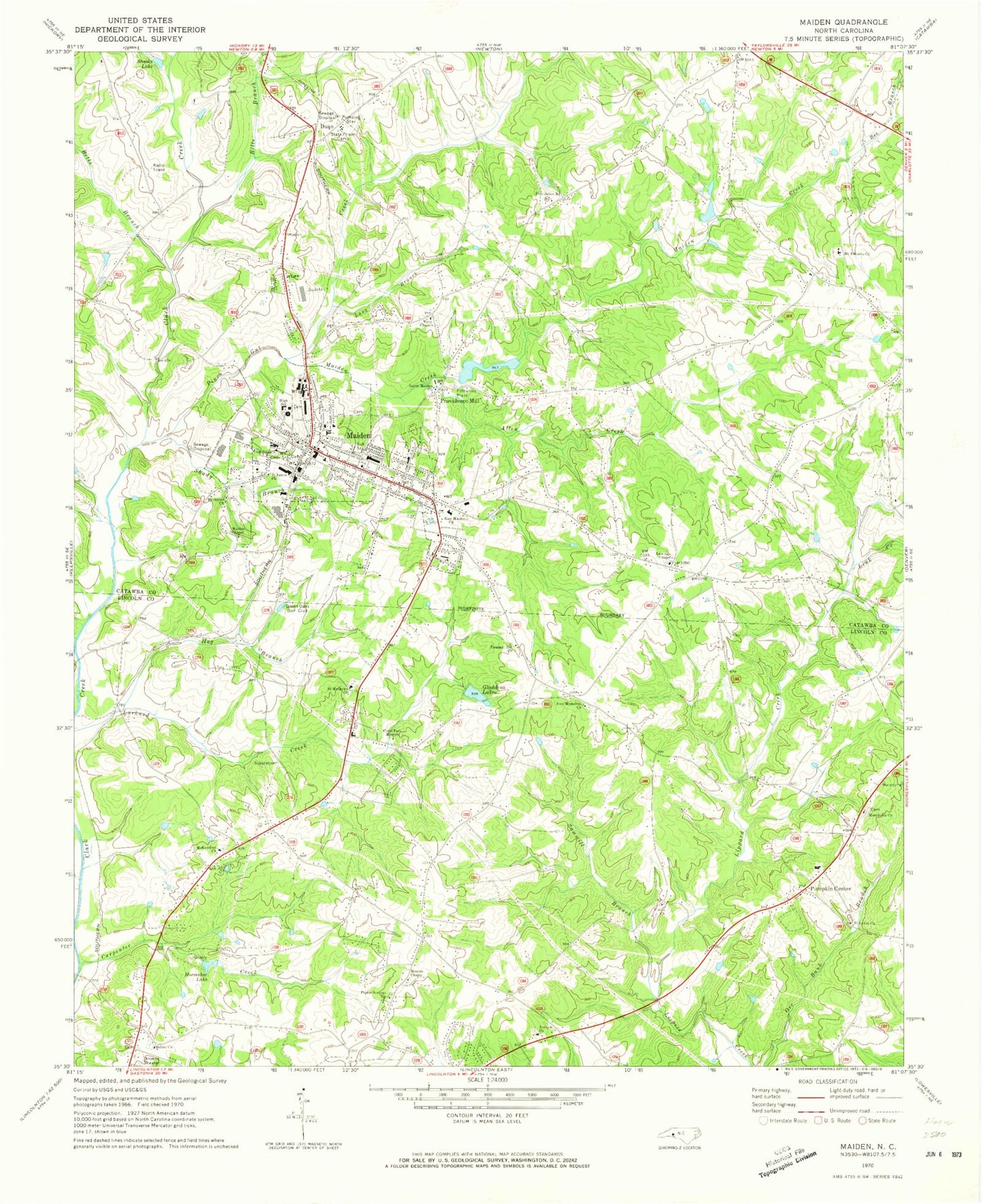 Classic USGS Maiden North Carolina 7.5'x7.5' Topo Map Image