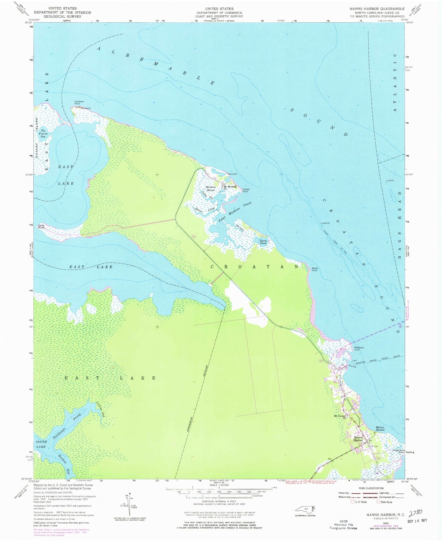 Classic USGS Manns Harbor North Carolina 7.5'x7.5' Topo Map Image