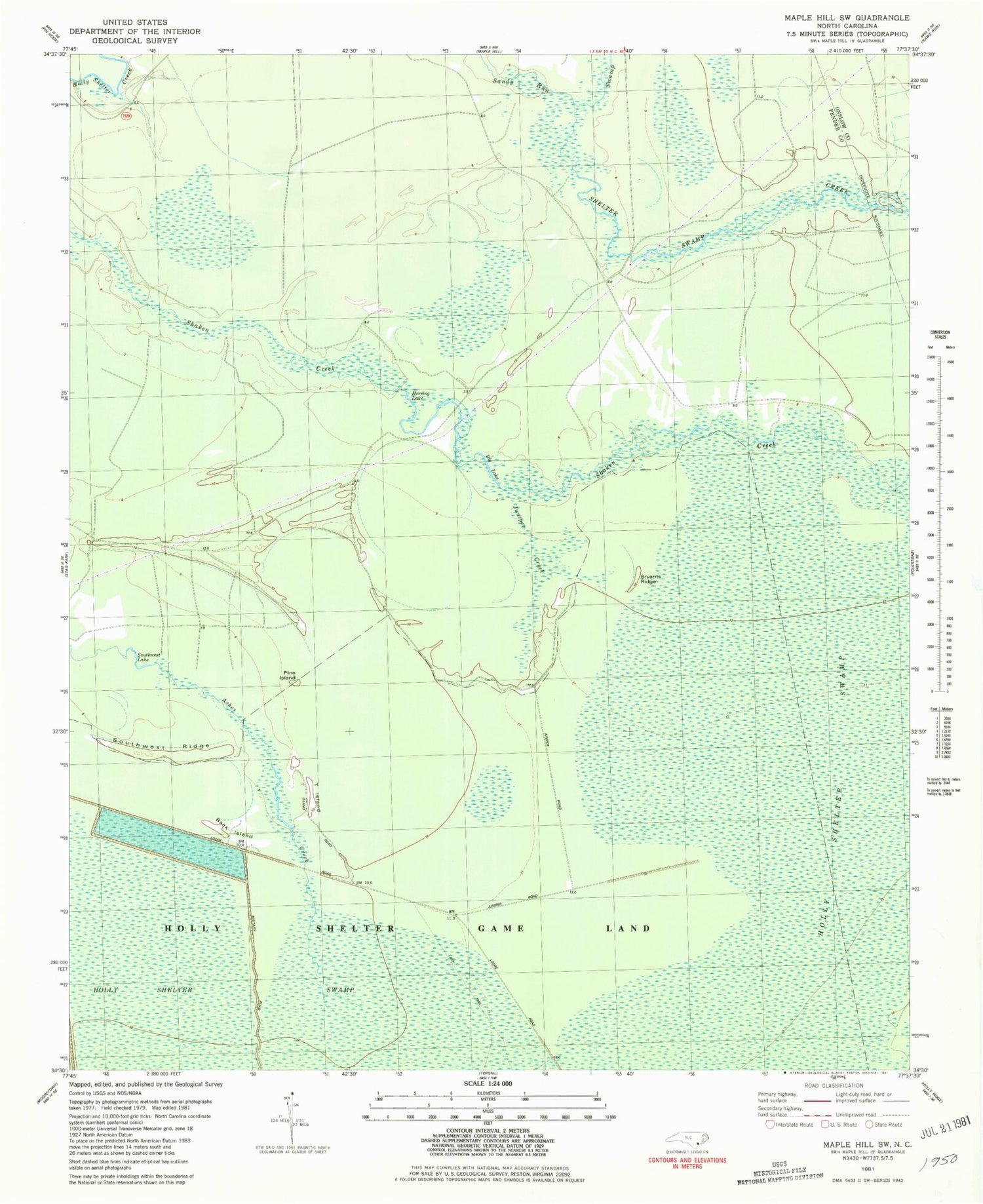 Classic USGS Maple Hill SW North Carolina 7.5'x7.5' Topo Map Image