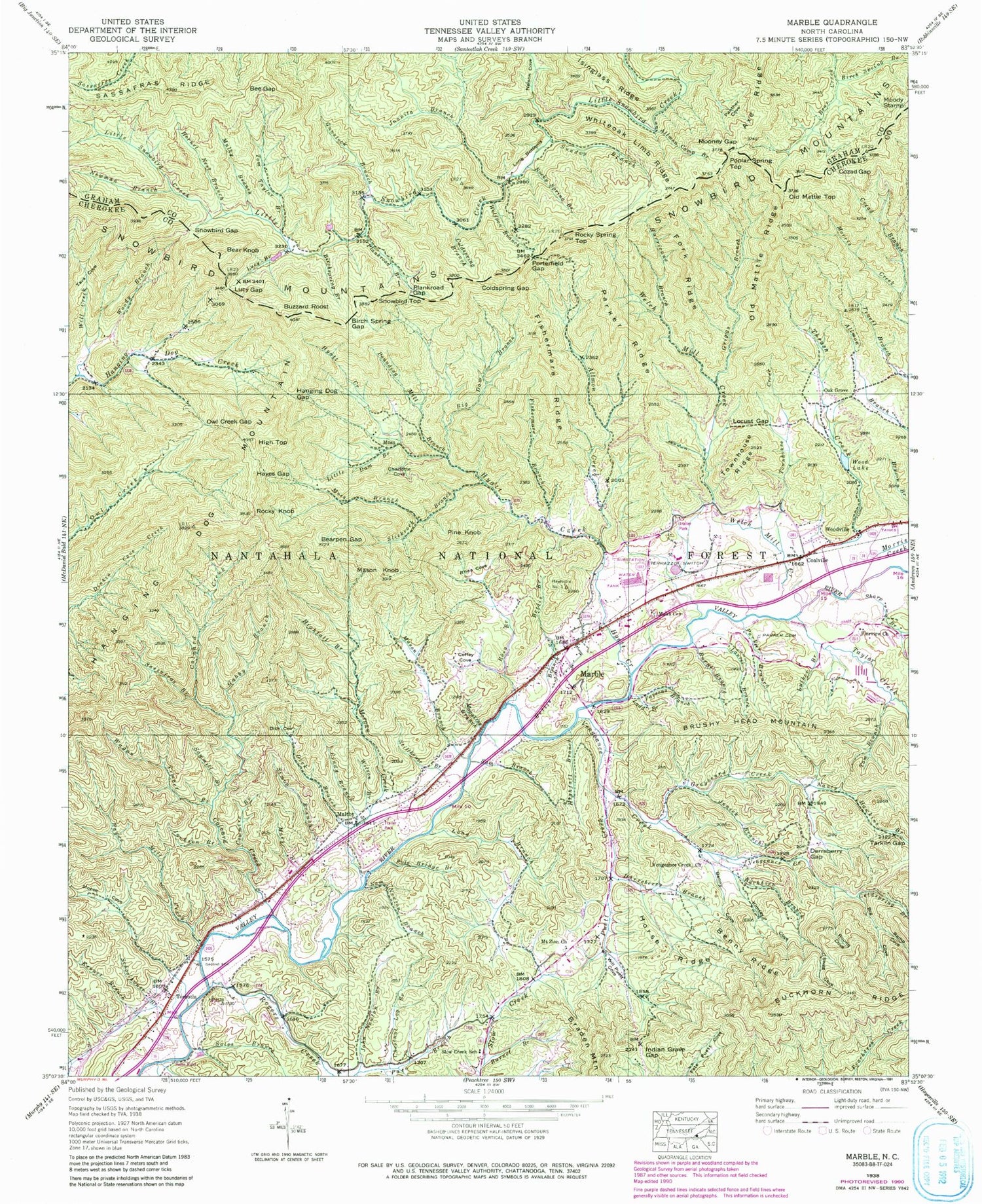 Classic USGS Marble North Carolina 7.5'x7.5' Topo Map Image