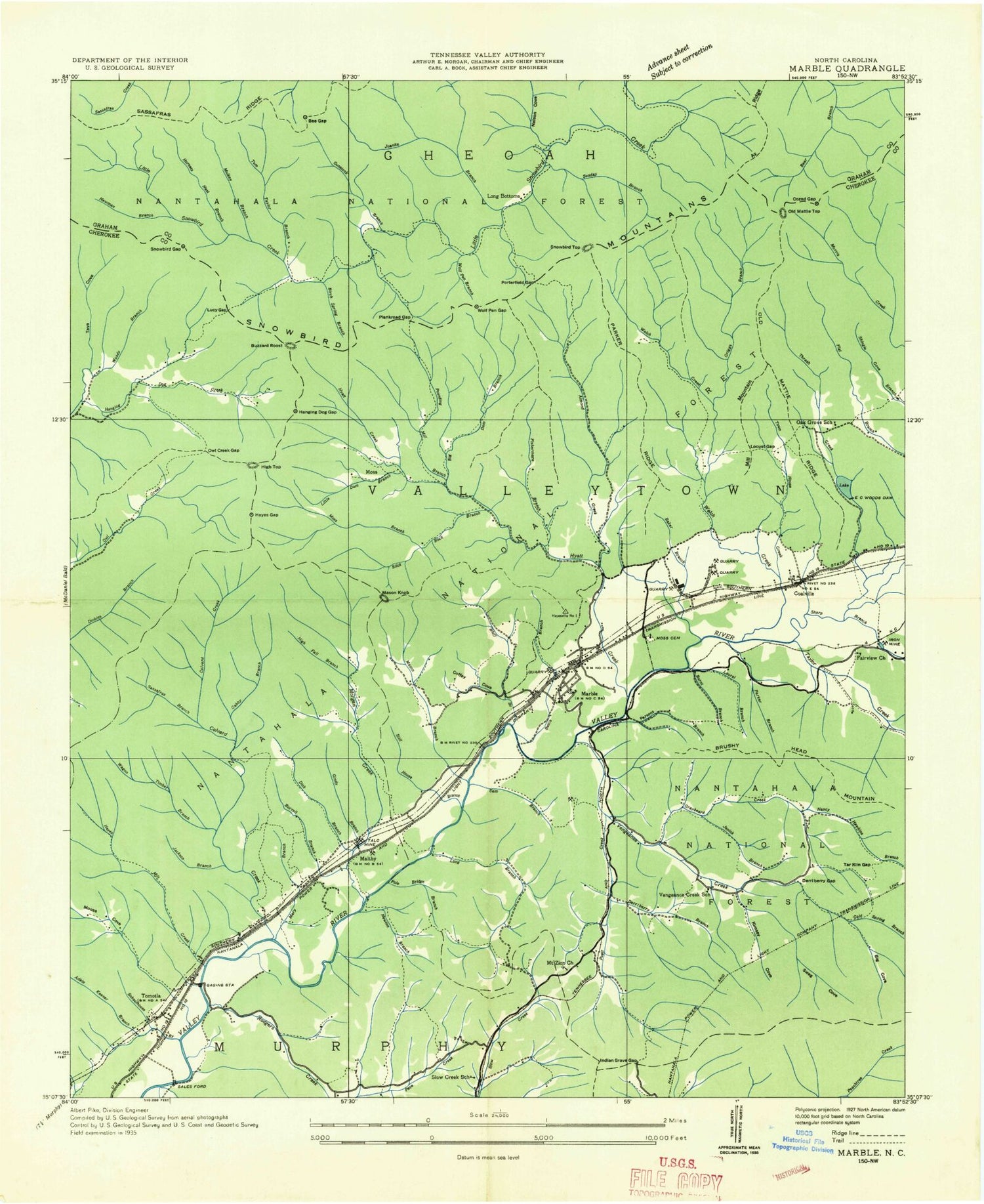 Classic USGS Marble North Carolina 7.5'x7.5' Topo Map Image