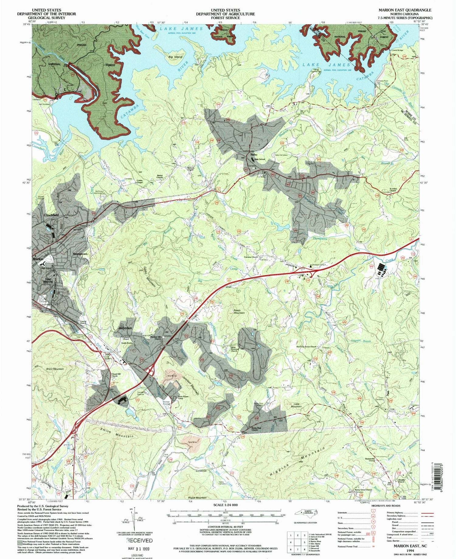Classic USGS Marion East North Carolina 7.5'x7.5' Topo Map Image