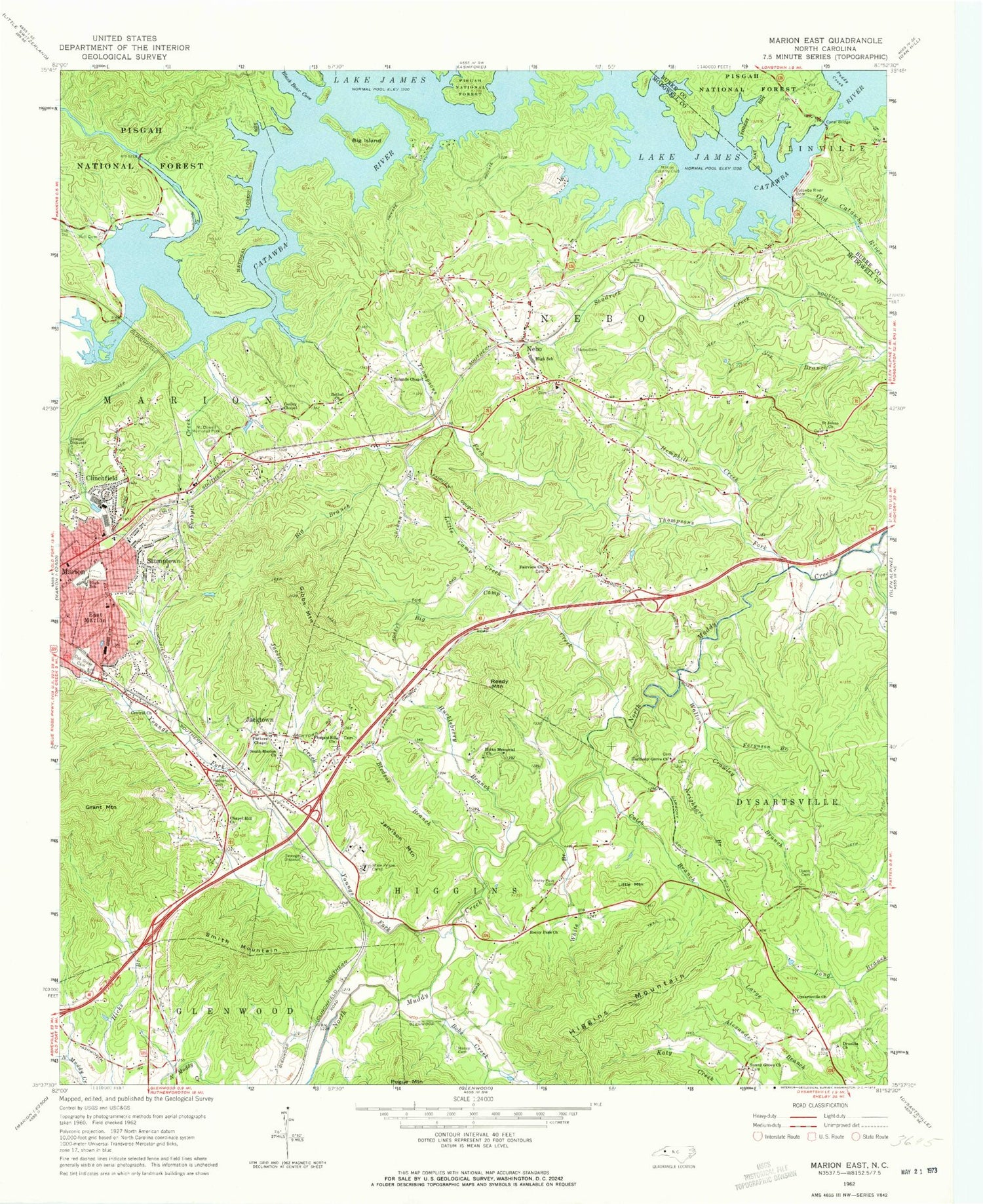 Classic USGS Marion East North Carolina 7.5'x7.5' Topo Map Image