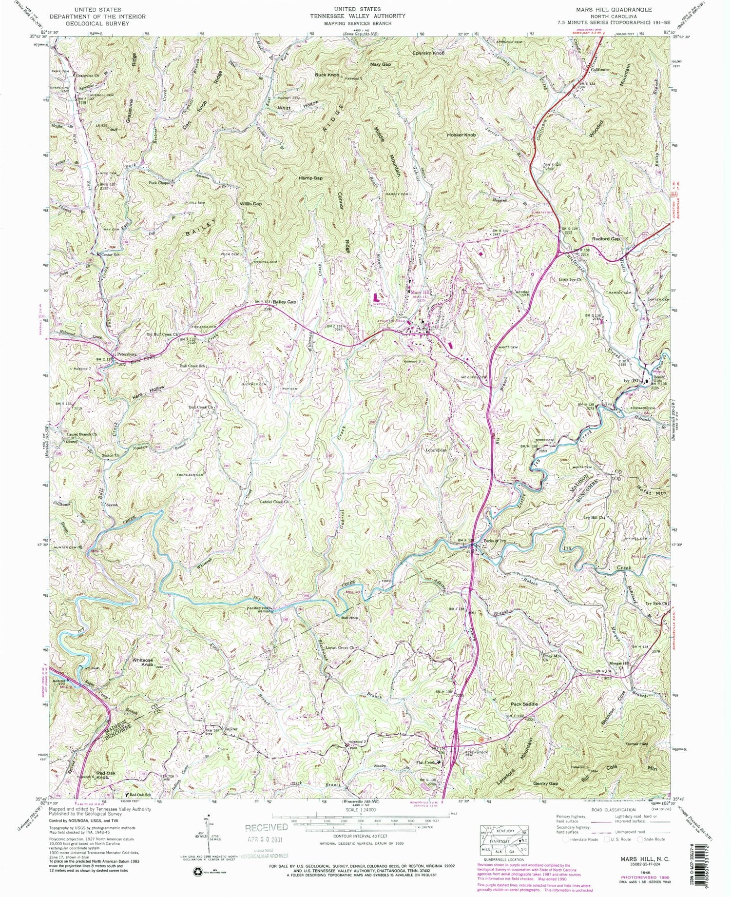 Classic USGS Mars Hill North Carolina 7.5'x7.5' Topo Map Image