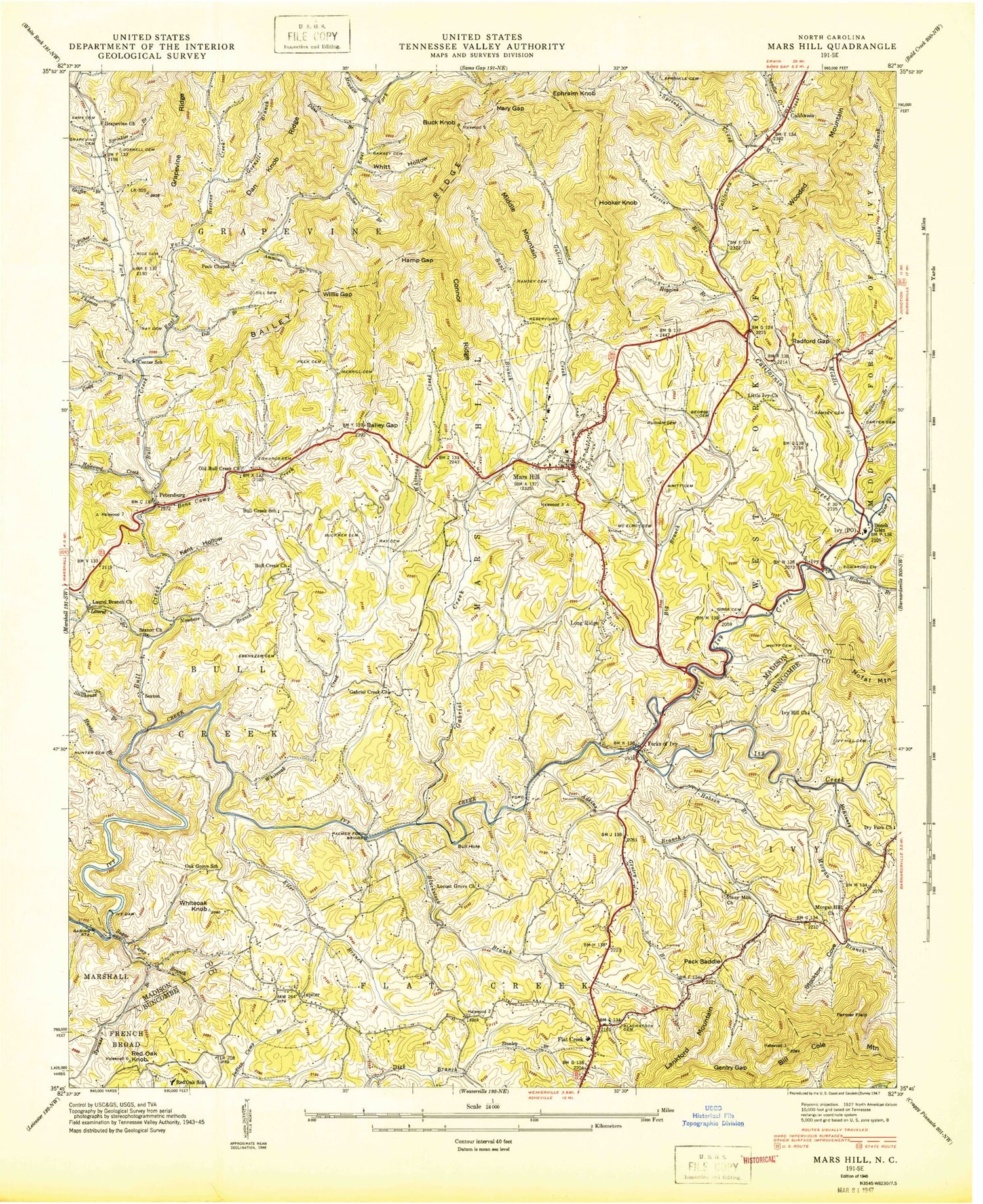 Classic USGS Mars Hill North Carolina 7.5'x7.5' Topo Map Image