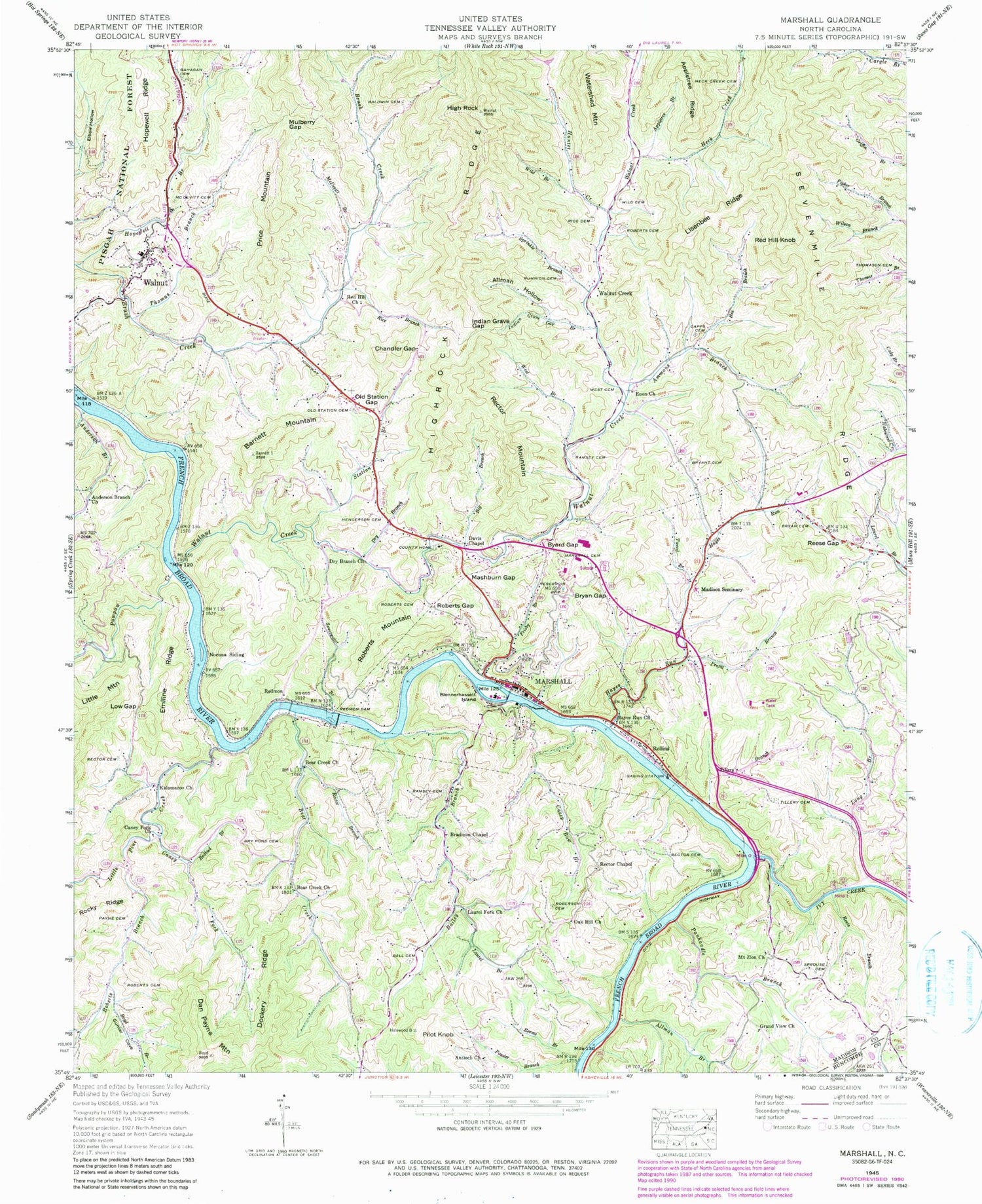 Classic USGS Marshall North Carolina 7.5'x7.5' Topo Map Image