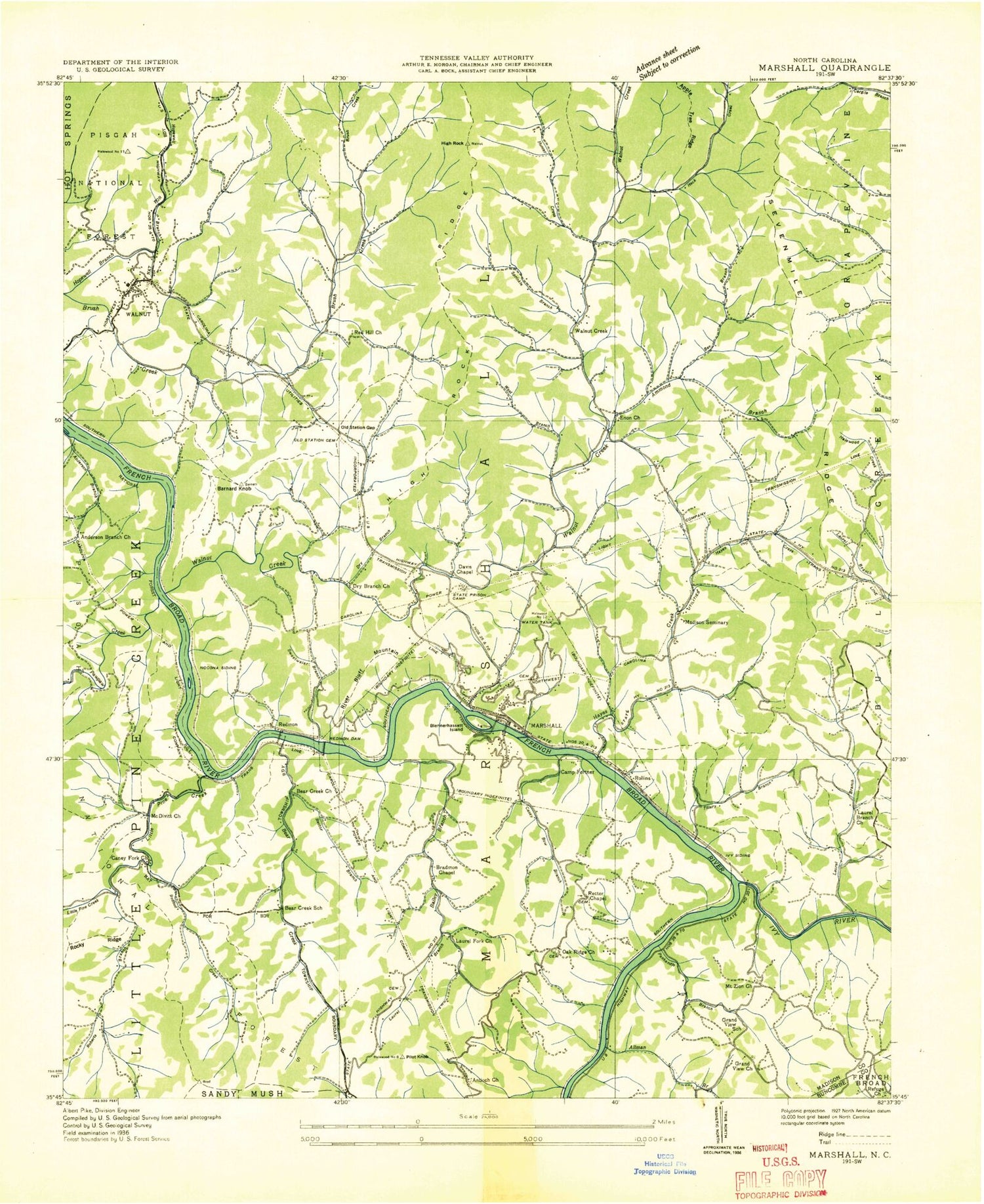 Classic USGS Marshall North Carolina 7.5'x7.5' Topo Map Image