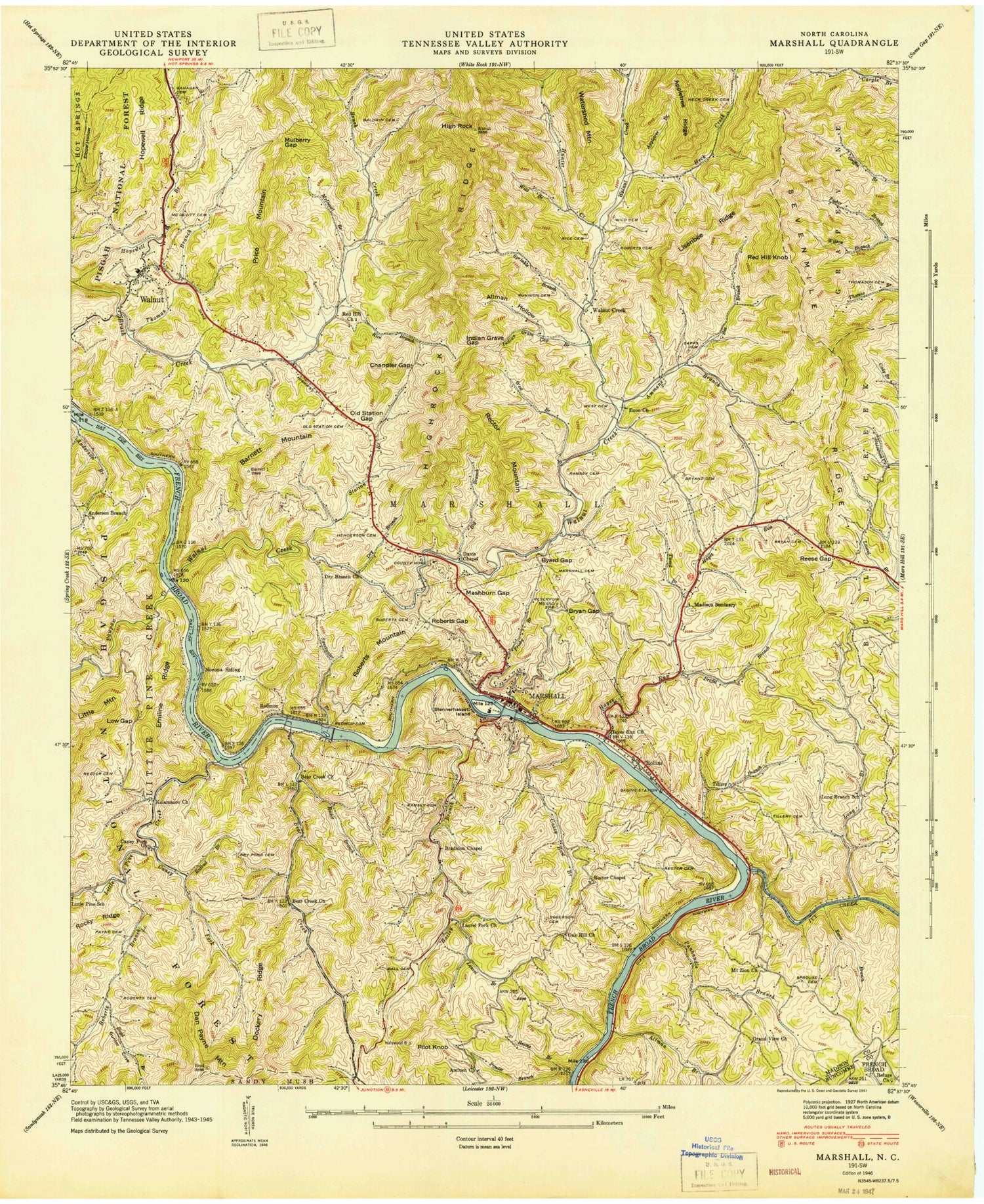 Classic USGS Marshall North Carolina 7.5'x7.5' Topo Map Image