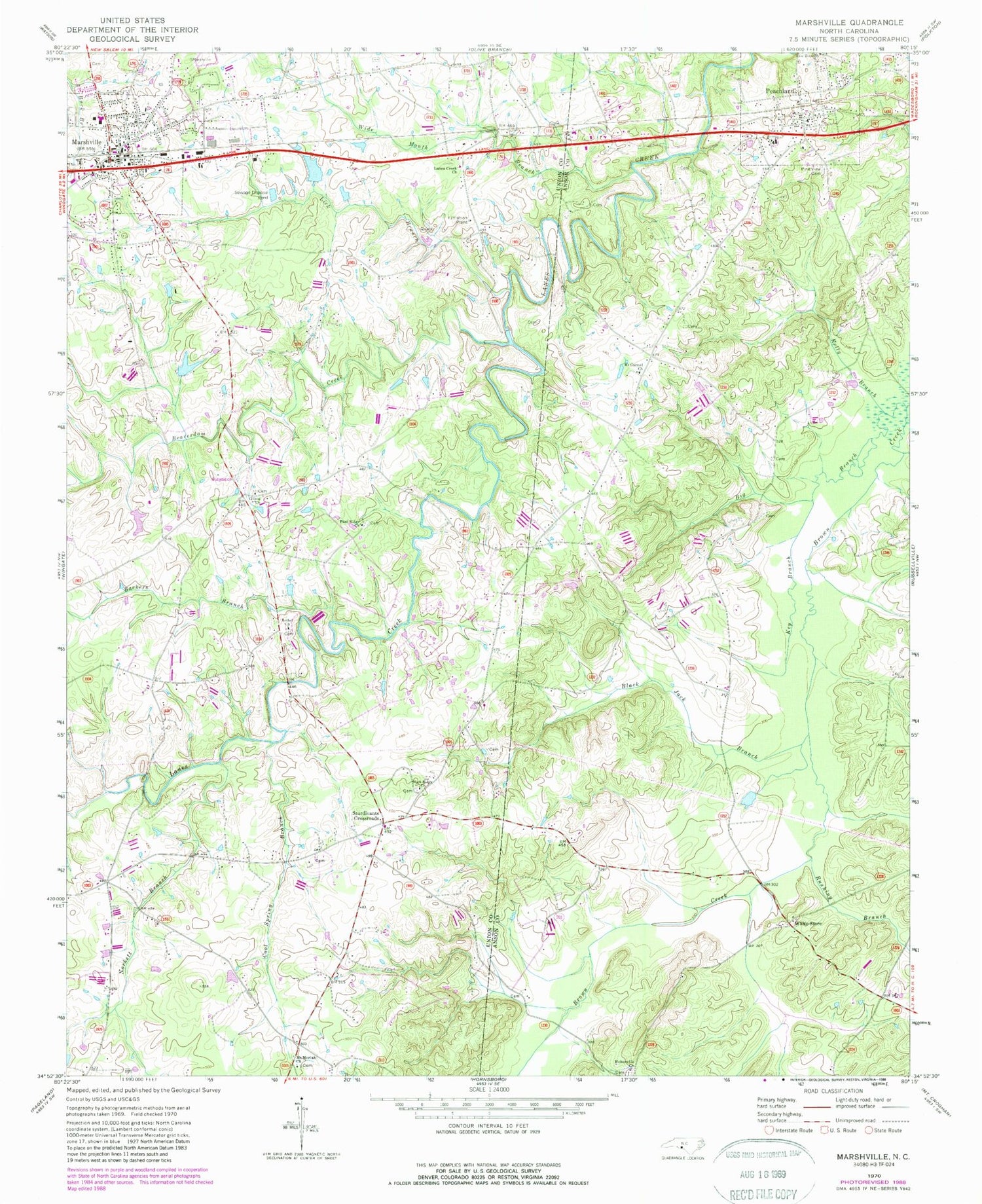 Classic USGS Marshville North Carolina 7.5'x7.5' Topo Map Image