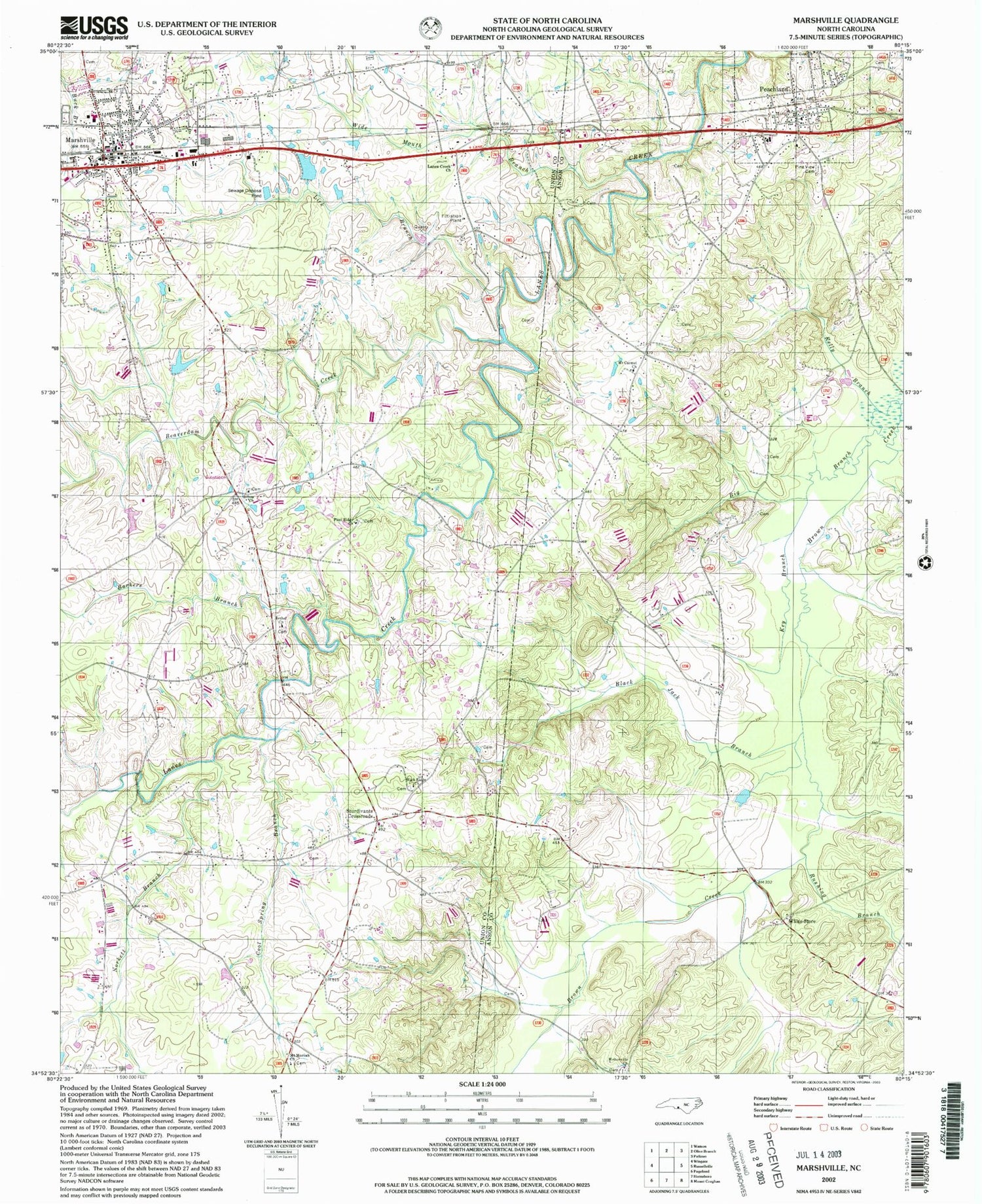 Classic USGS Marshville North Carolina 7.5'x7.5' Topo Map Image