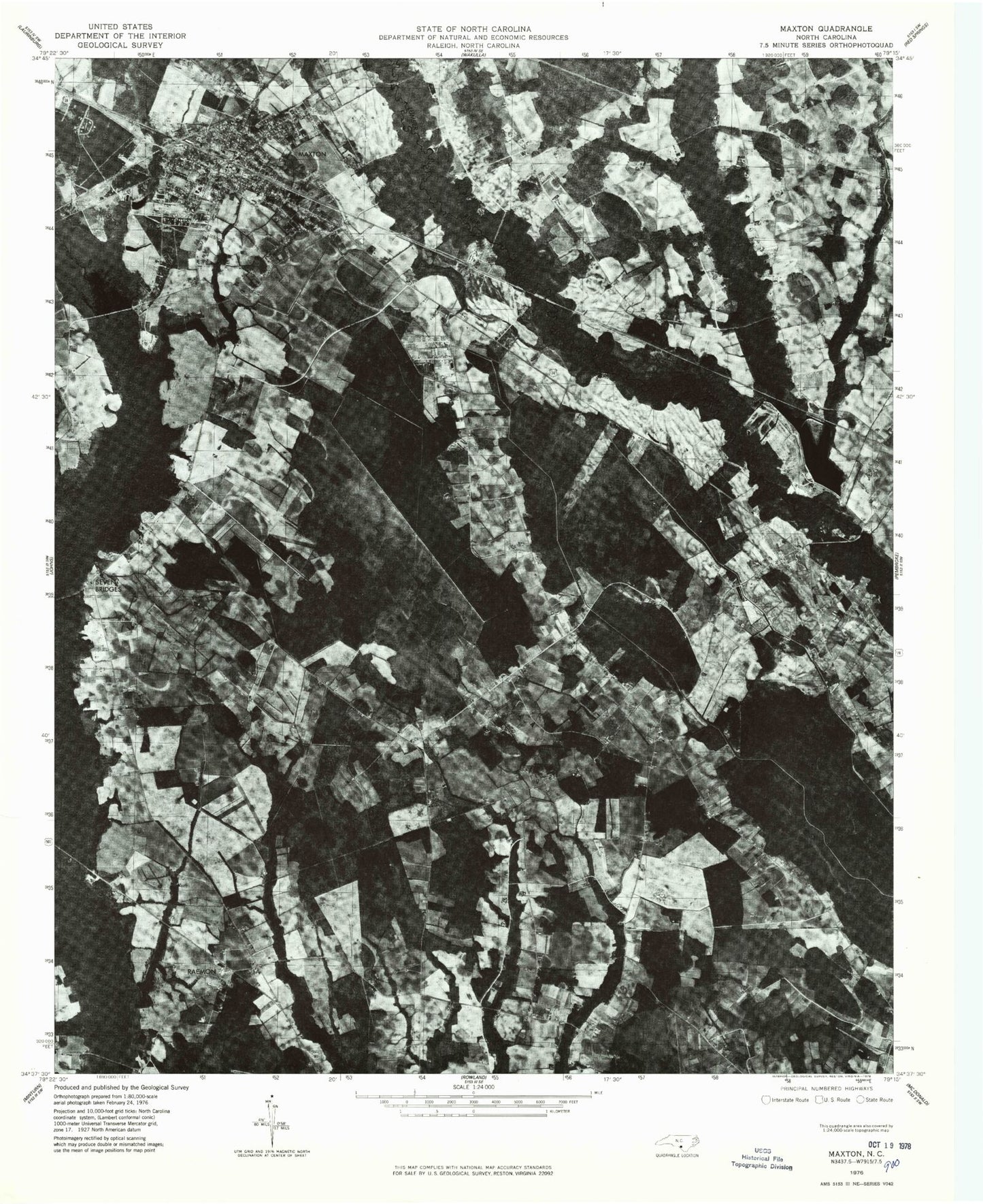 Classic USGS Maxton North Carolina 7.5'x7.5' Topo Map Image