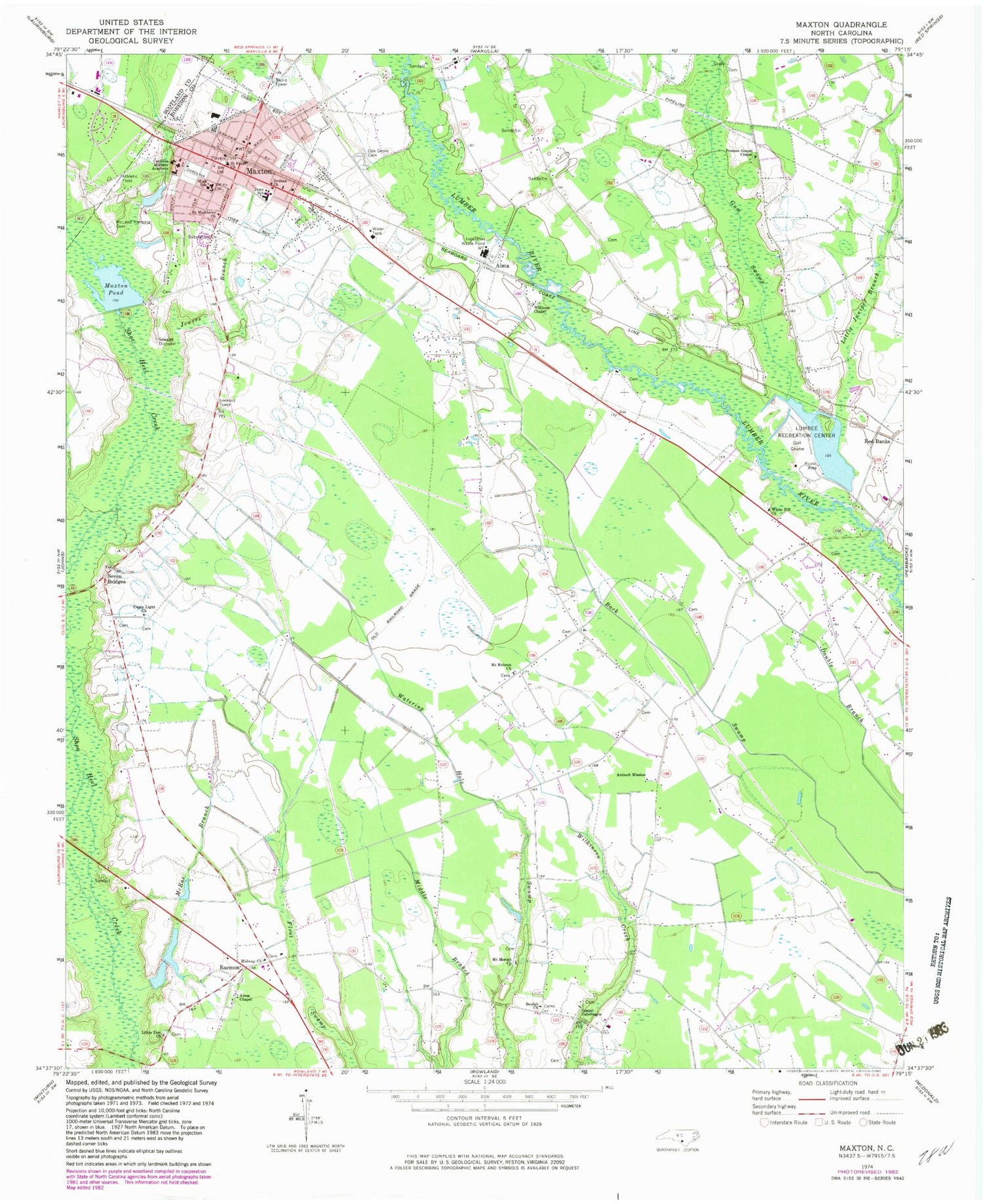 Classic USGS Maxton North Carolina 7.5'x7.5' Topo Map Image