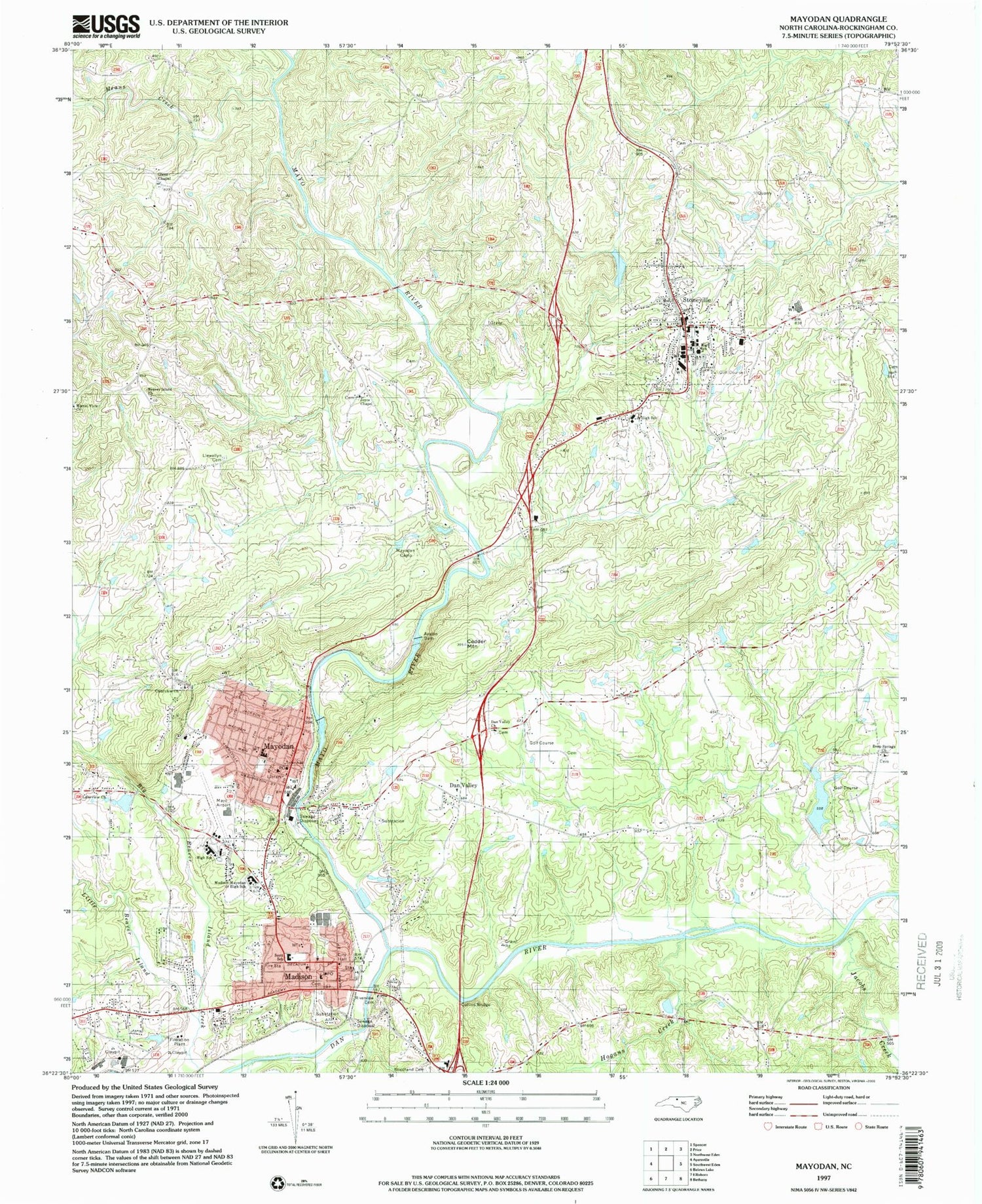 Classic USGS Mayodan North Carolina 7.5'x7.5' Topo Map Image