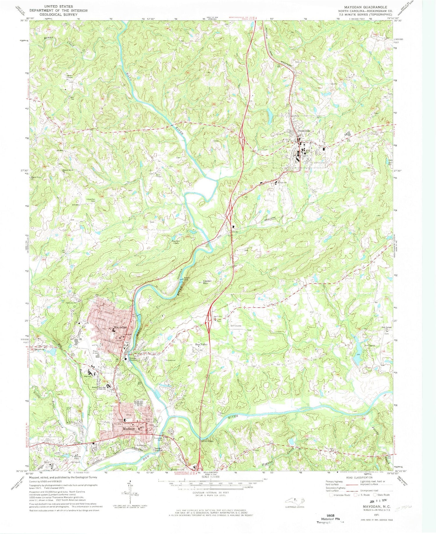 Classic USGS Mayodan North Carolina 7.5'x7.5' Topo Map Image