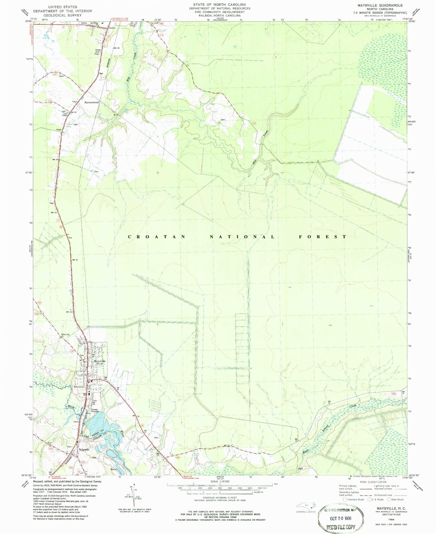 Classic USGS Maysville North Carolina 7.5'x7.5' Topo Map Image