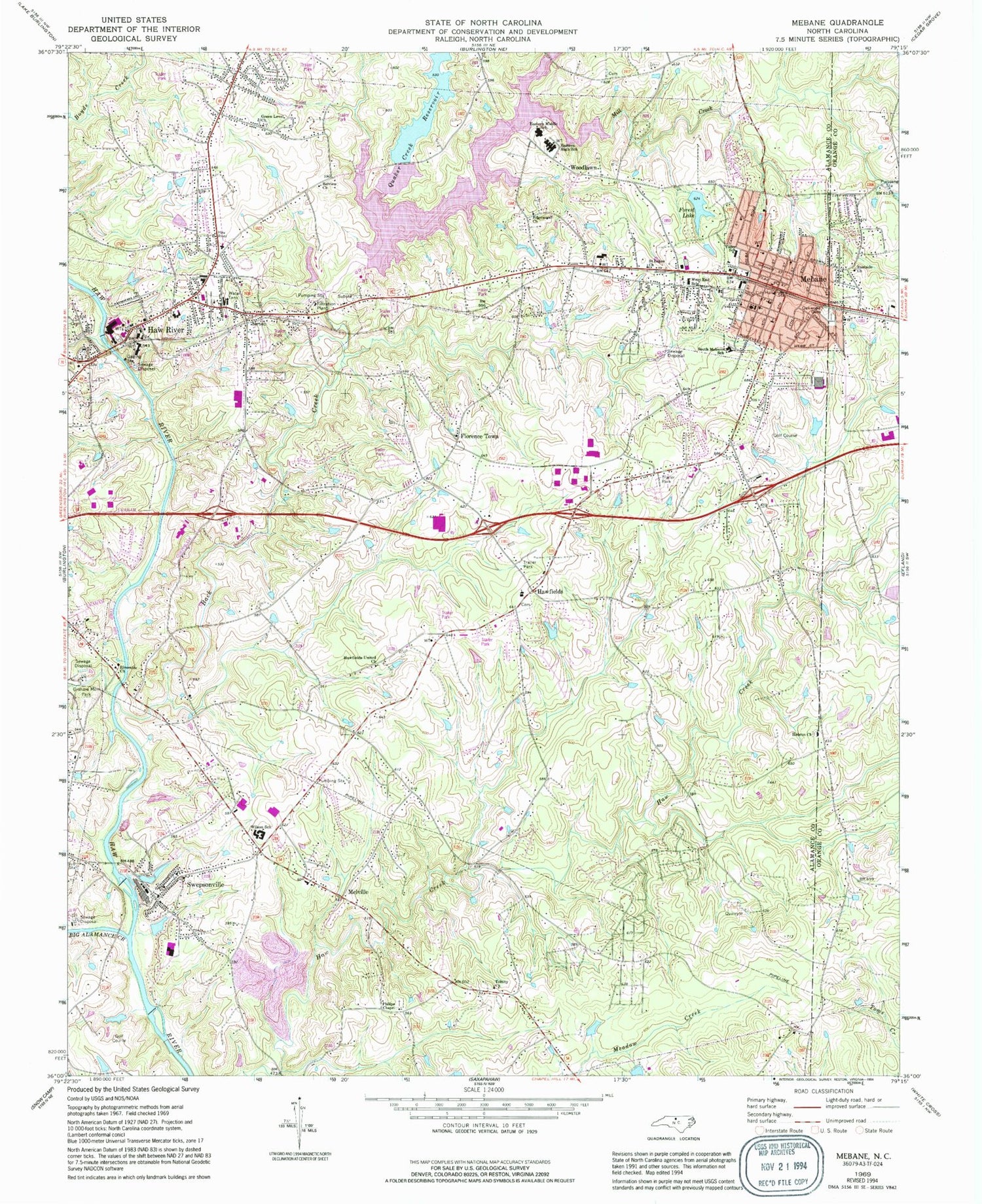 Classic USGS Mebane North Carolina 7.5'x7.5' Topo Map Image
