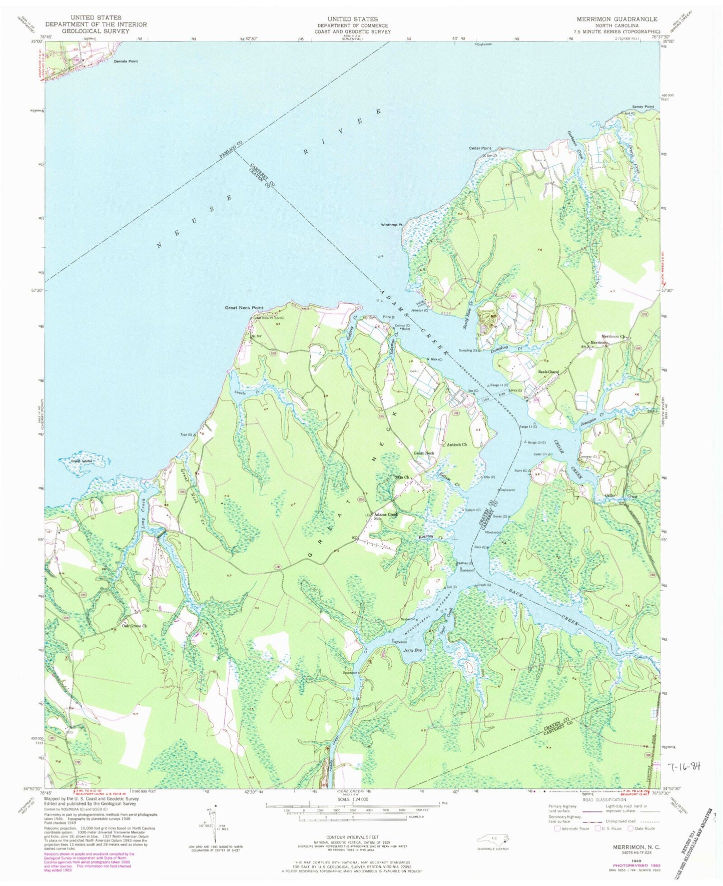 Classic USGS Merrimon North Carolina 7.5'x7.5' Topo Map Image