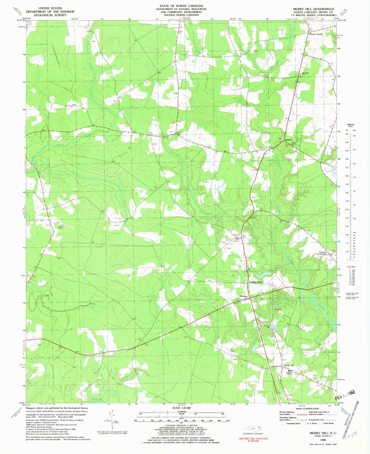 Classic USGS Merry Hill North Carolina 7.5'x7.5' Topo Map Image