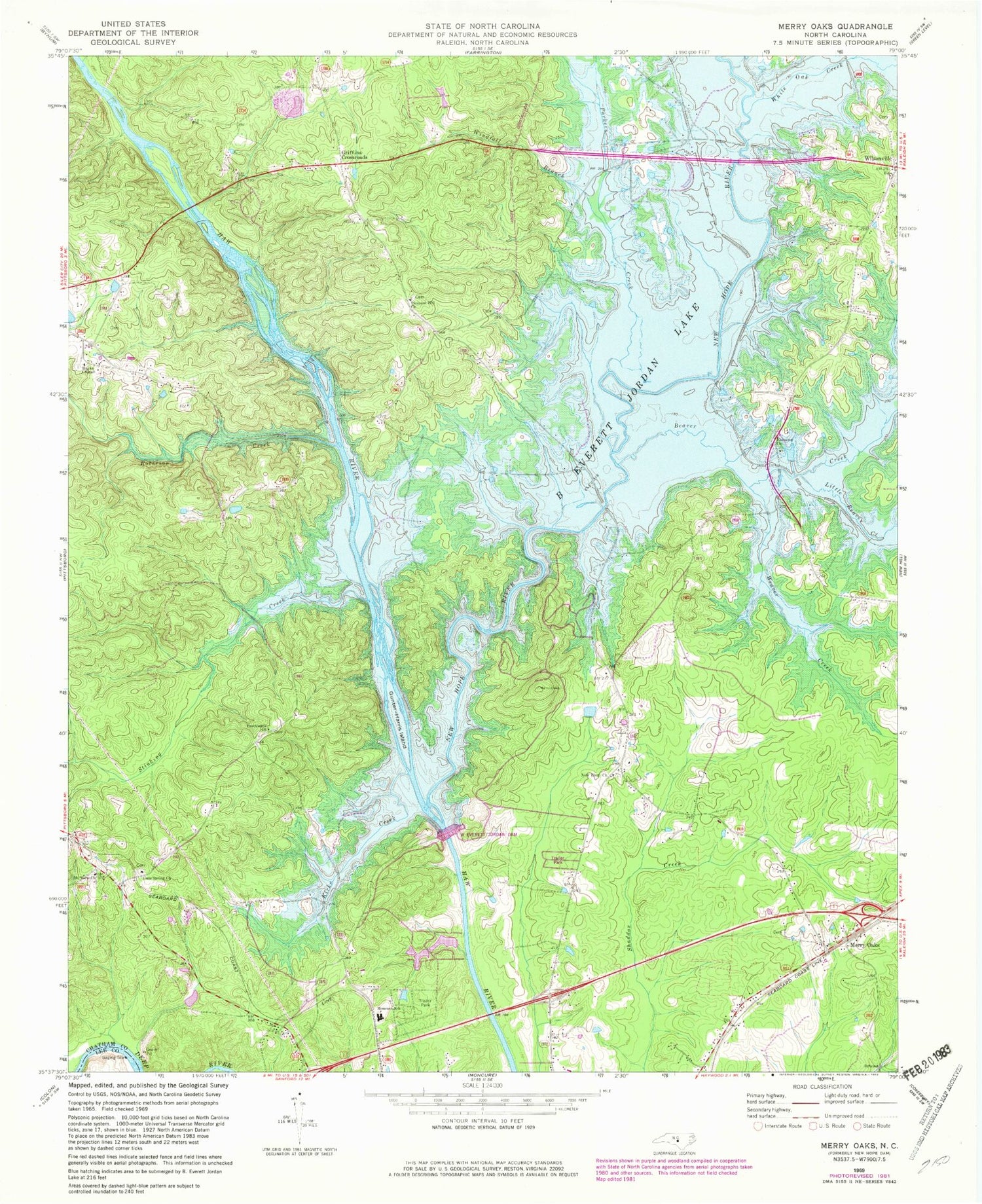 Classic USGS Merry Oaks North Carolina 7.5'x7.5' Topo Map Image